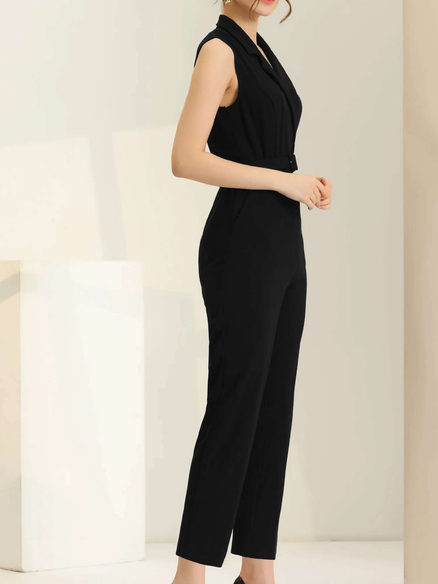 Sleeveless Button Front Closure Long Leg Pocket Belted Jumpsuits sold by Allegra K product image thumbnail 2