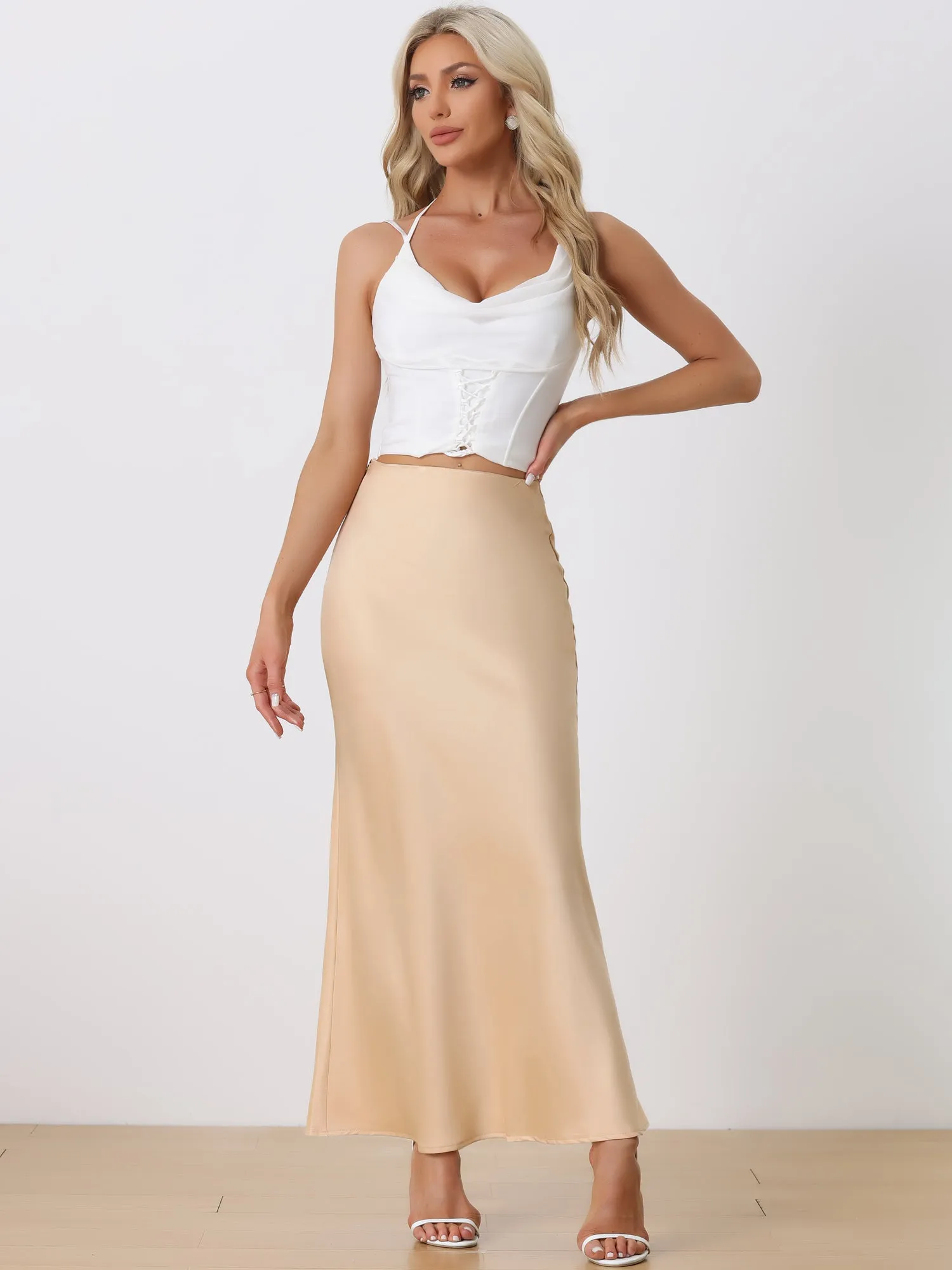 High Waist Elegant Solid Long Satin Maxi Skirt sold by Allegra K product image thumbnail 4