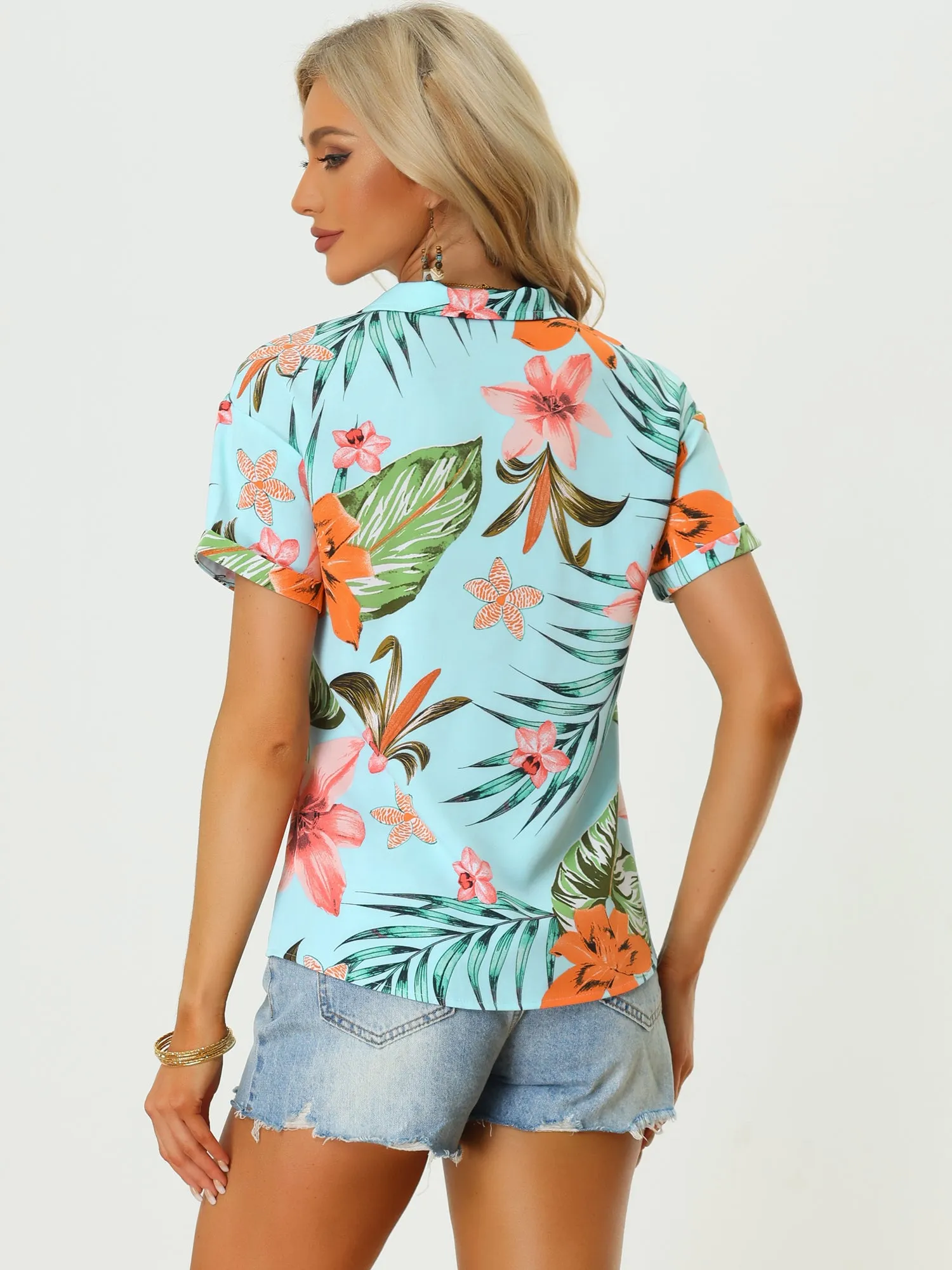 Hawaiian Tropical Leaves Floral Short Sleeve Button Down Shirt sold by Allegra K product image thumbnail 3