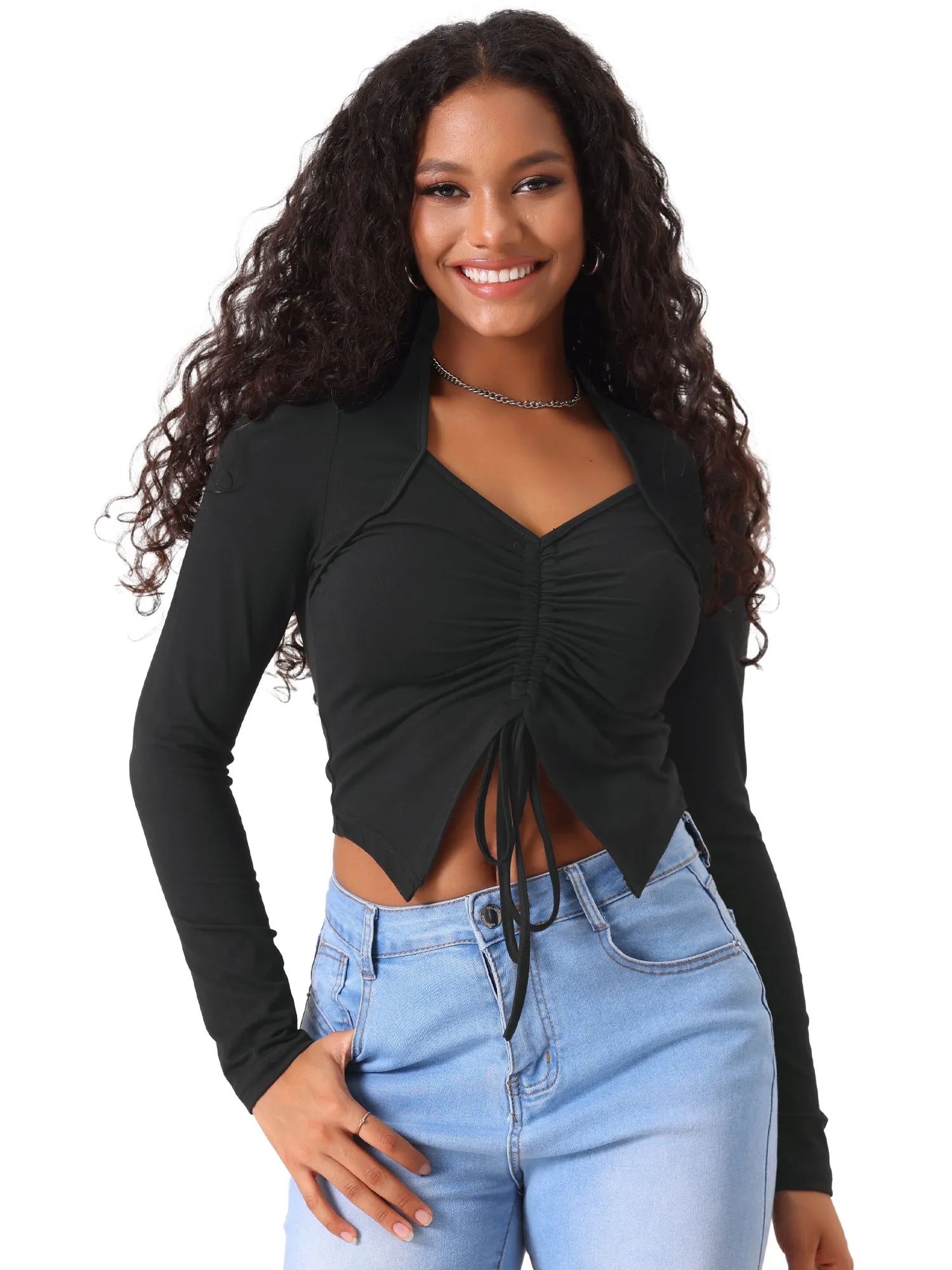 Ruched Lace-Up Asymmetrical Hem Y2K Drawstring Crop Tops sold by Allegra K product image thumbnail 5