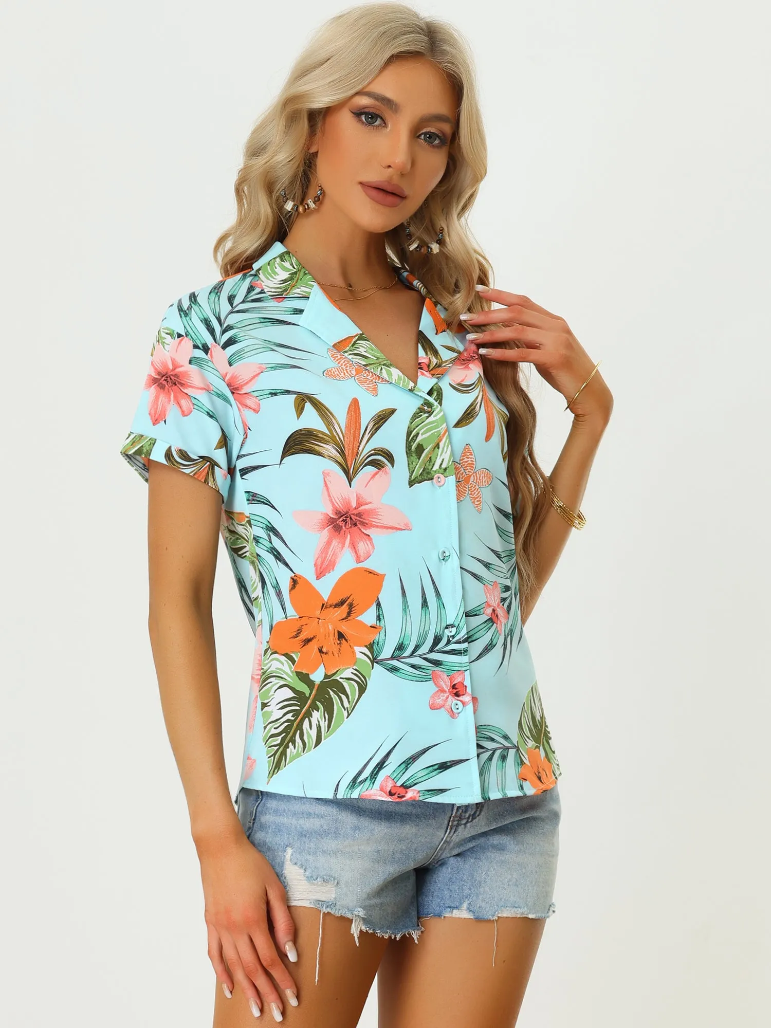 Hawaiian Tropical Leaves Floral Short Sleeve Button Down Shirt sold by Allegra K product image thumbnail 2