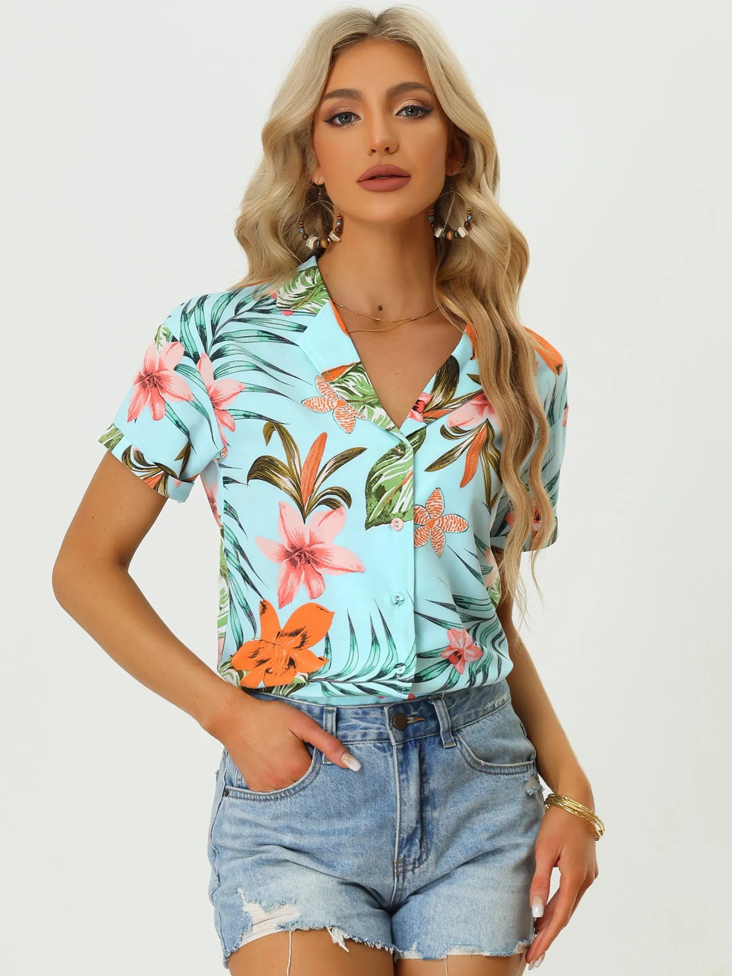 Hawaiian Tropical Leaves Floral Short Sleeve Button Down Shirt sold by Allegra K
