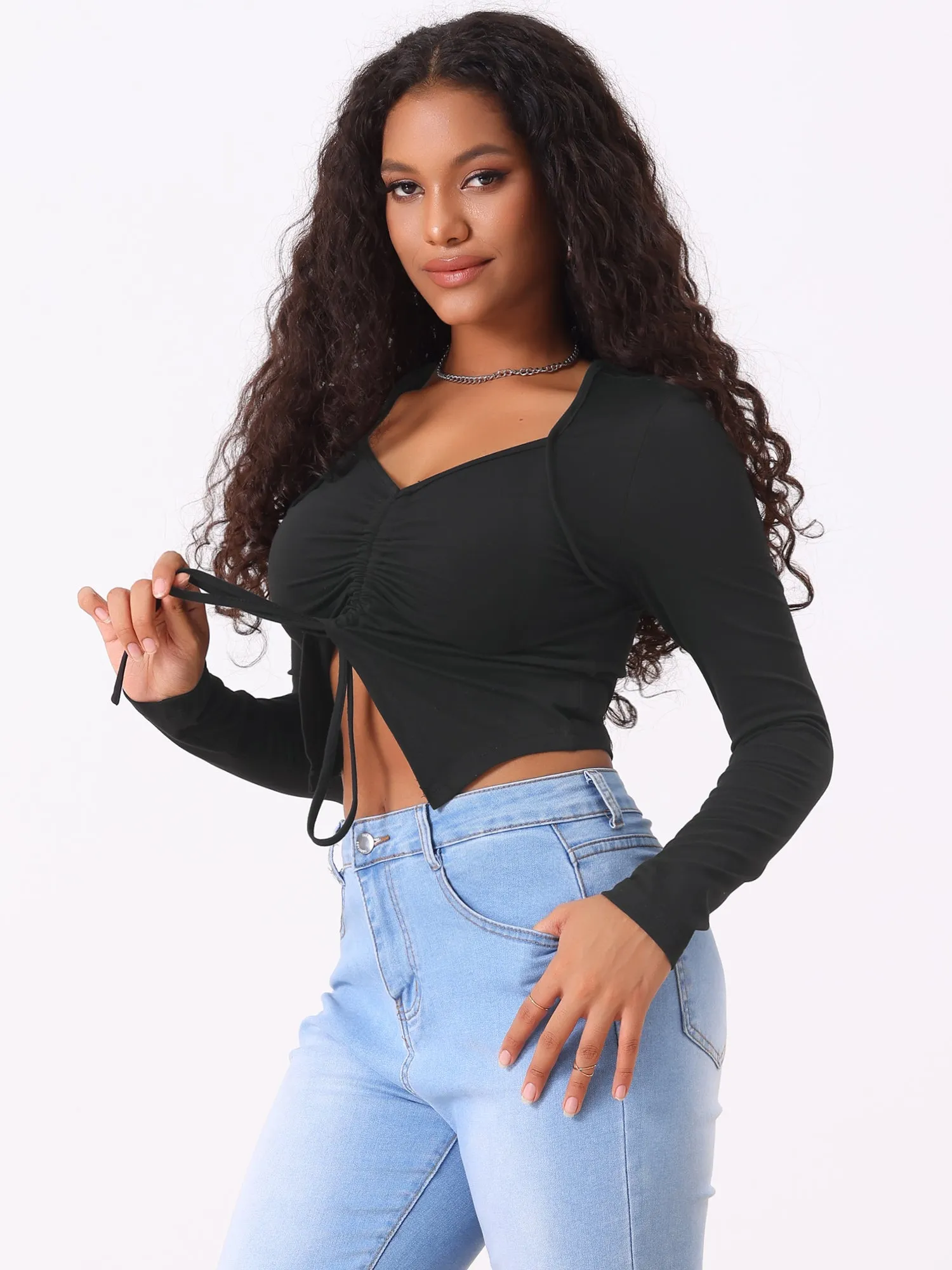 Ruched Lace-Up Asymmetrical Hem Y2K Drawstring Crop Tops sold by Allegra K