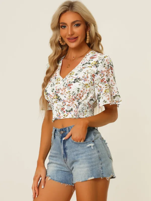 Floral Flare Short Sleeve V Neck Summer Smocked Crop Top sold by Allegra K