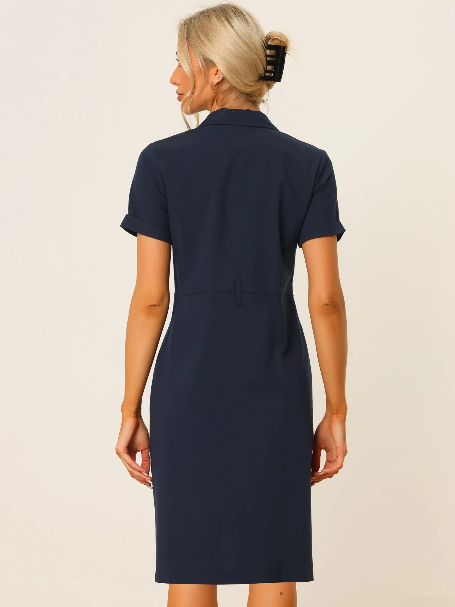 Short Sleeve Notched Lapel Slit Double Breasted Belt Work Blazer Dress sold by Allegra K product image thumbnail 3