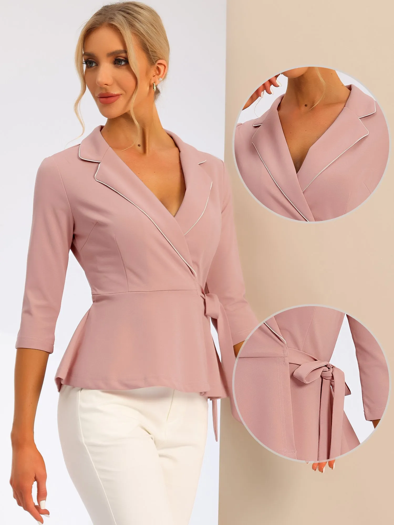 Notch Lapel Collar Tie Waist Wrap Peplum Blouse sold by Allegra K product image thumbnail 2