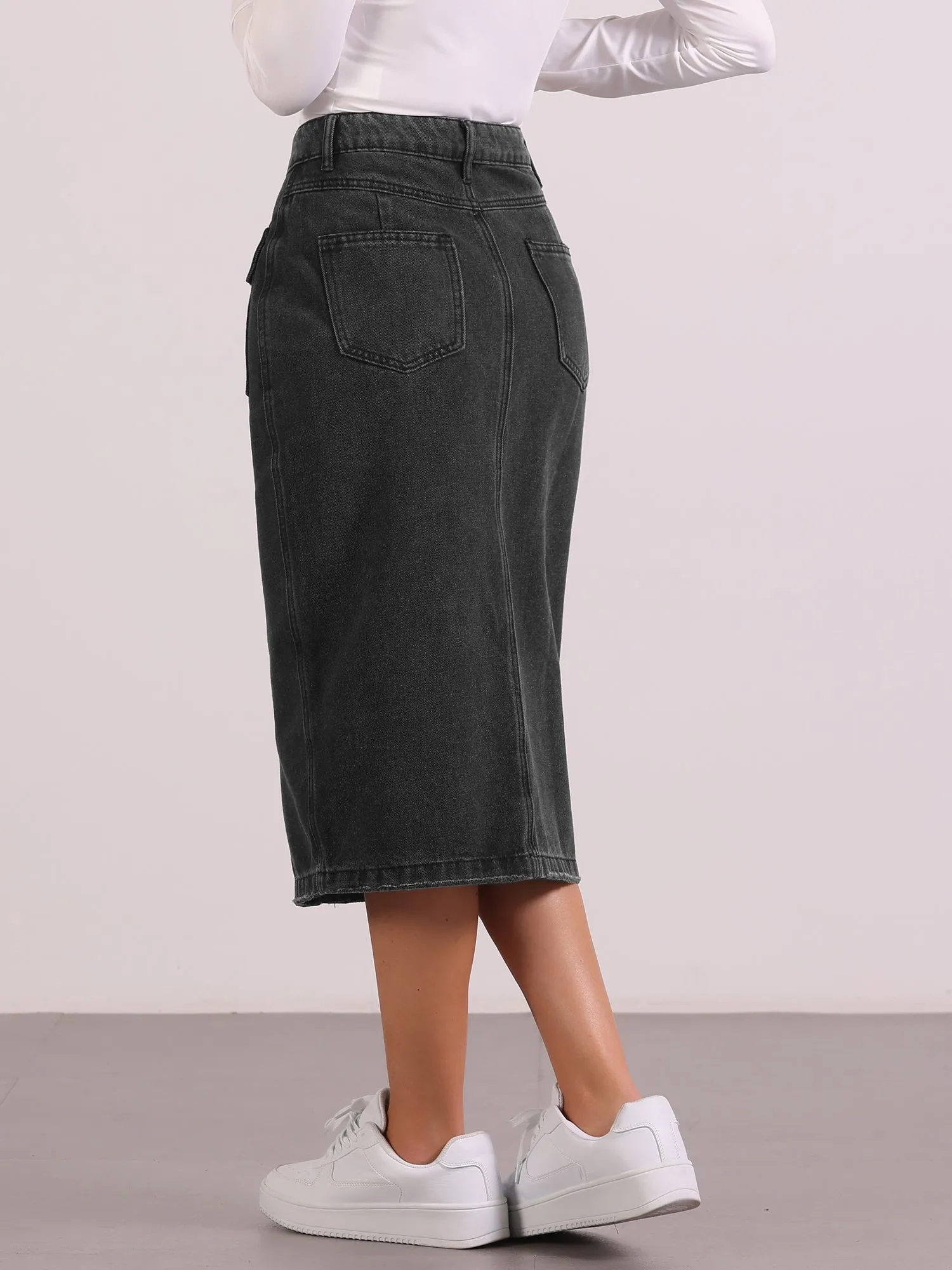 Denim Pocketed Split Hem Casual Midi Jean Skirt sold by Allegra K product image thumbnail 3
