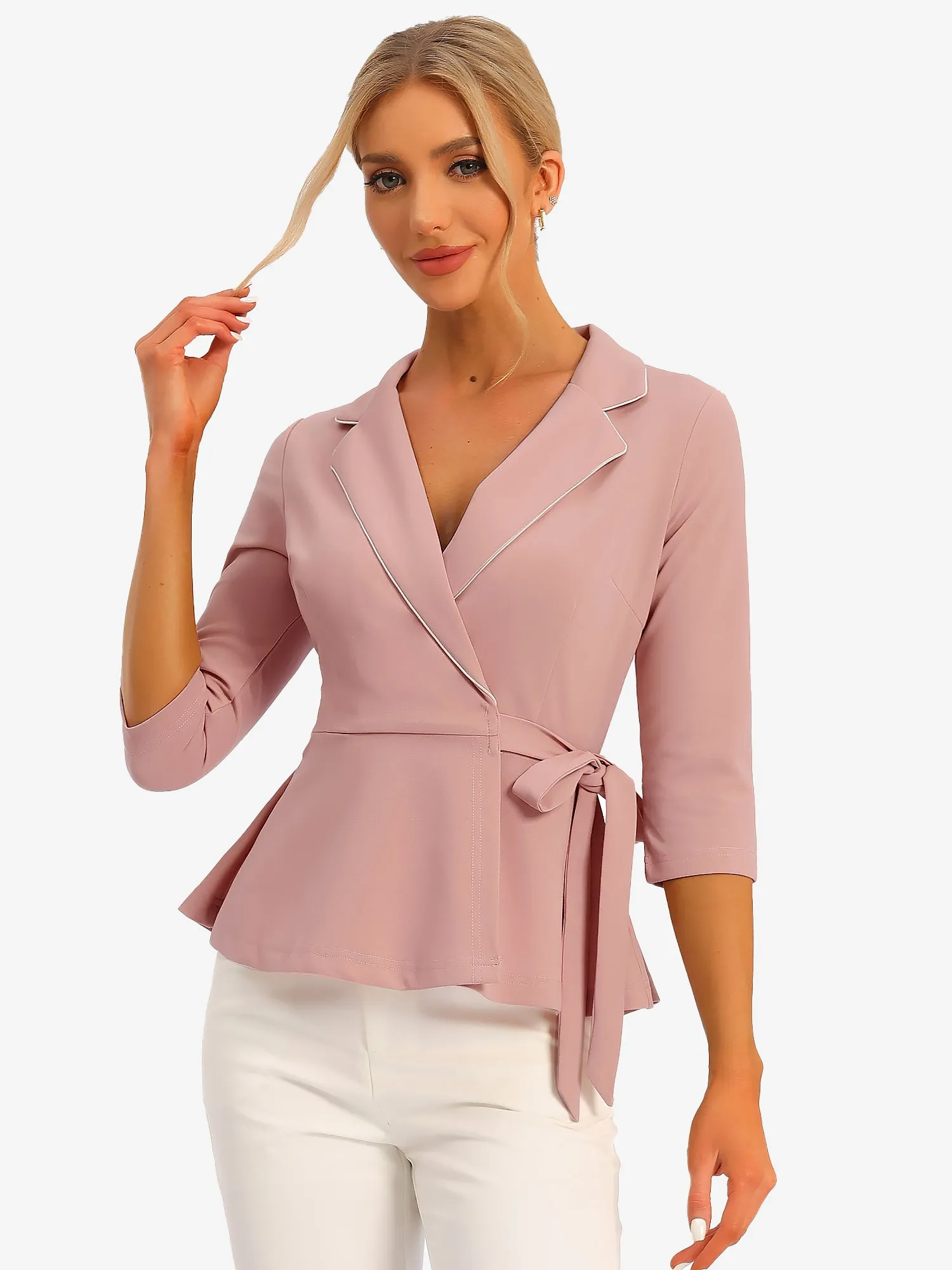 Notch Lapel Collar Tie Waist Wrap Peplum Blouse sold by Allegra K