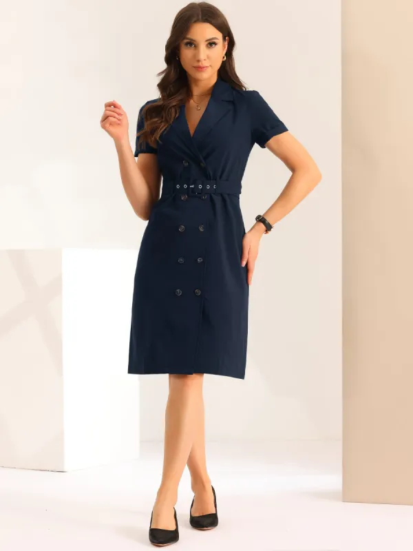 Short Sleeve Notched Lapel Slit Double Breasted Belt Work Blazer Dress sold by Allegra K