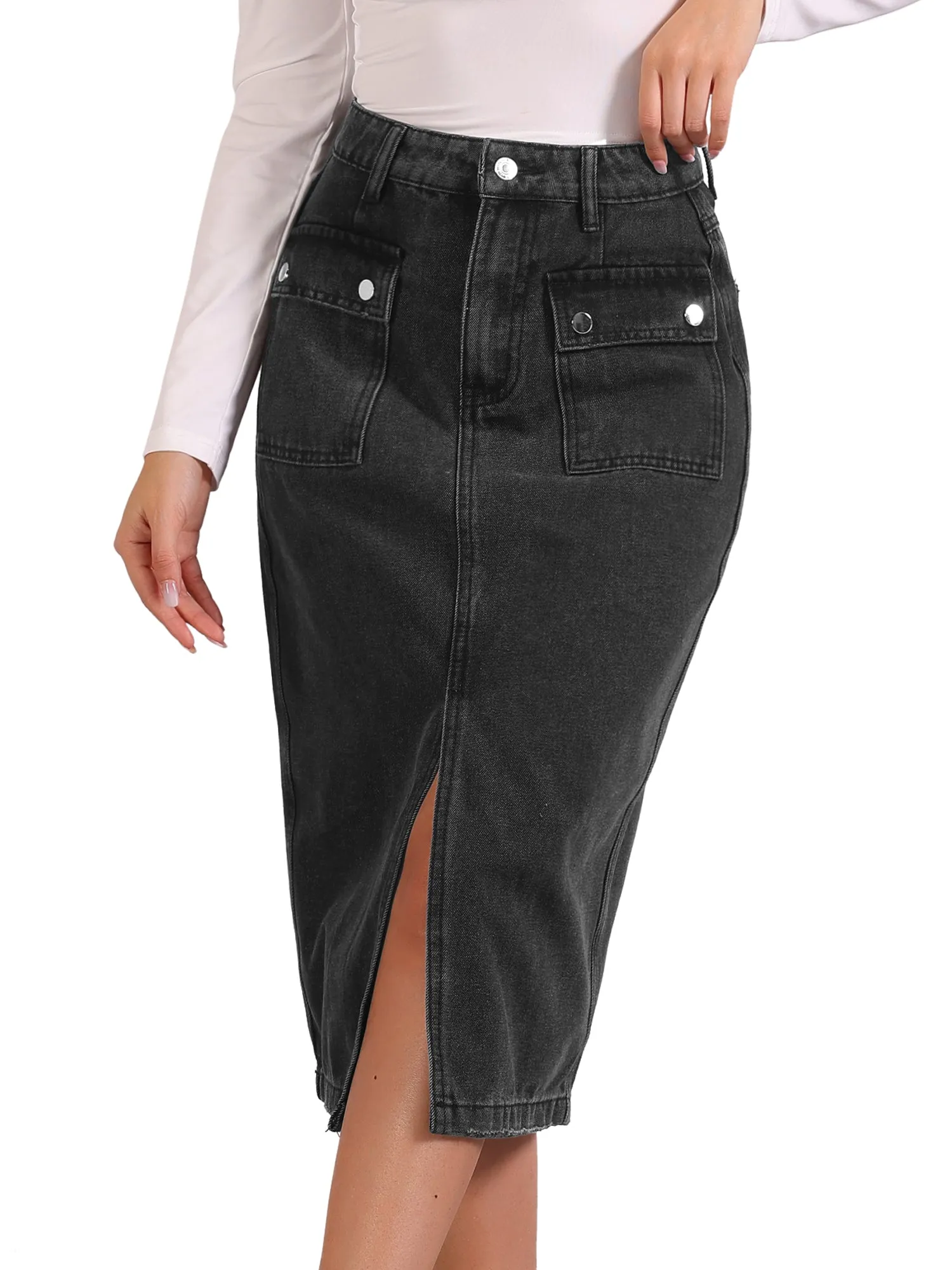 Denim Pocketed Split Hem Casual Midi Jean Skirt sold by Allegra K product image thumbnail 4