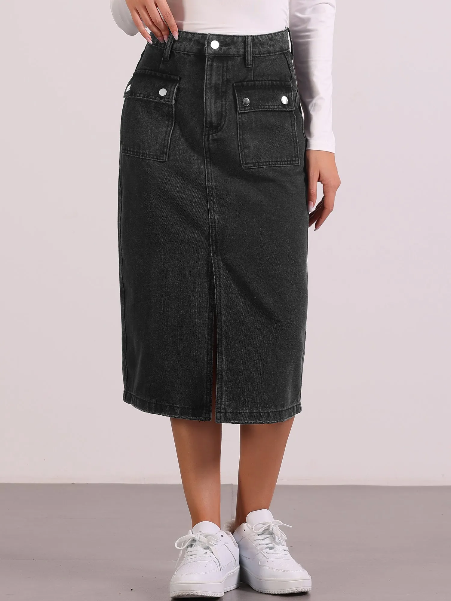Denim Pocketed Split Hem Casual Midi Jean Skirt sold by Allegra K