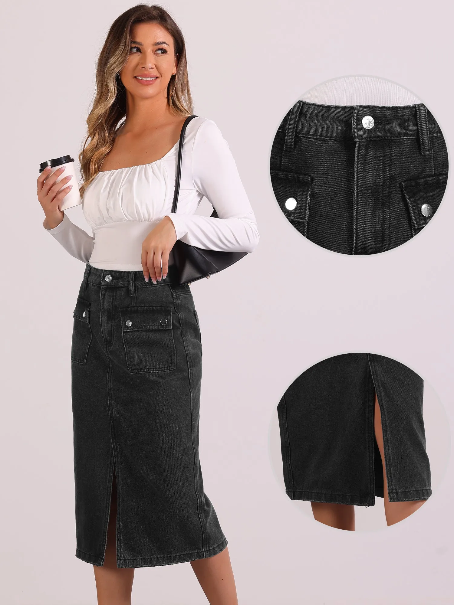 Denim Pocketed Split Hem Casual Midi Jean Skirt sold by Allegra K product image thumbnail 2