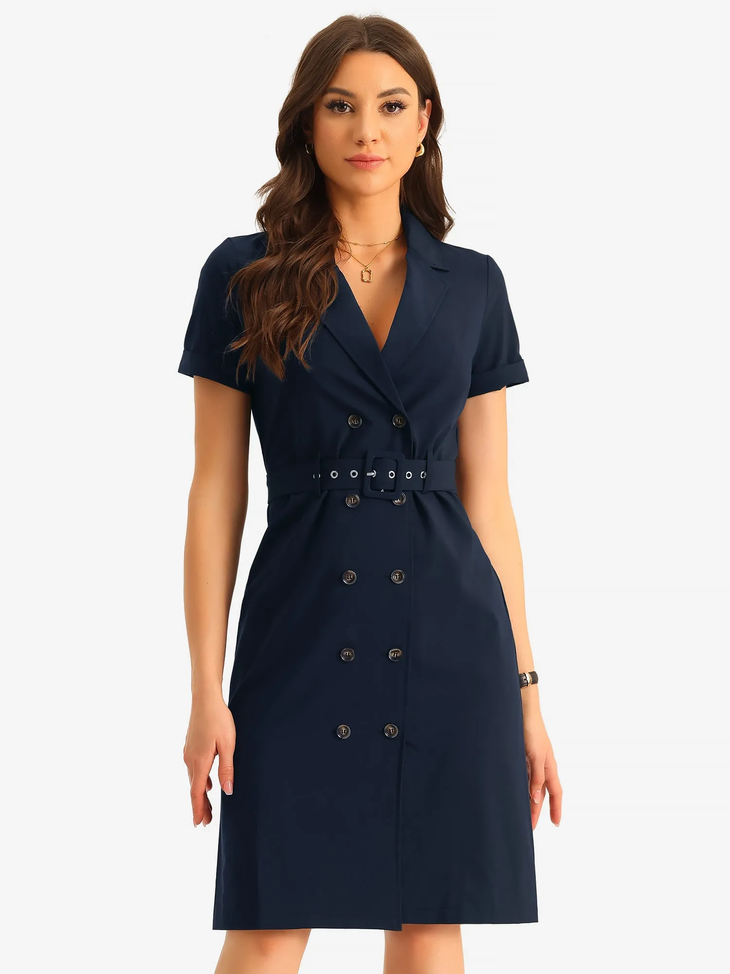 Short Sleeve Notched Lapel Slit Double Breasted Belt Work Blazer Dress sold by Allegra K product image thumbnail 4