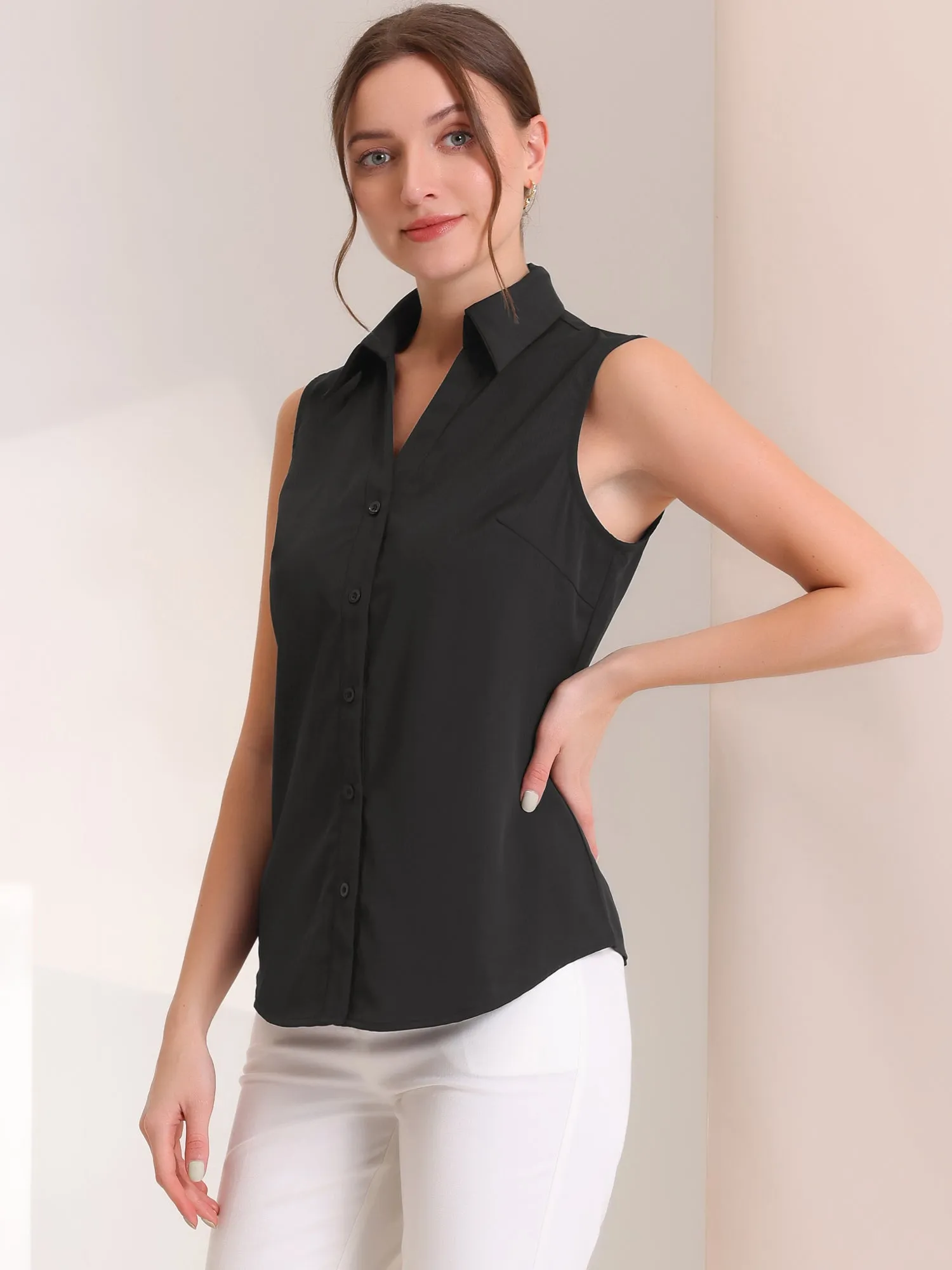 Sleeveless Shirt Single Breasted Casual Button Down Blouse sold by Allegra K