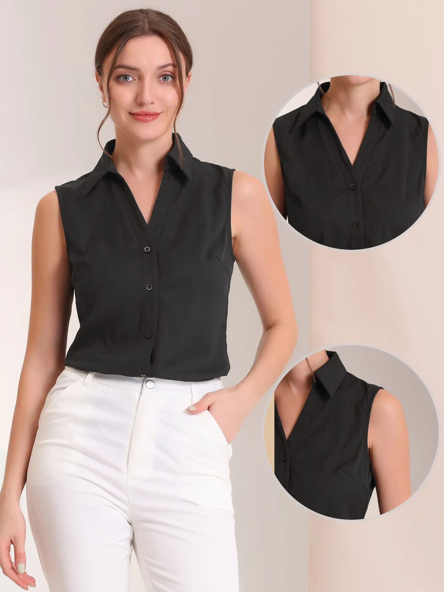 Sleeveless Shirt Single Breasted Casual Button Down Blouse sold by Allegra K product image thumbnail 2