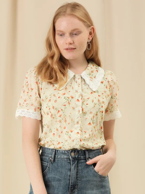 Women's Peter Pan Collar Shirt Lace Embroidered 1940s Vintage Peasant Floral Blouse sold by Allegra K