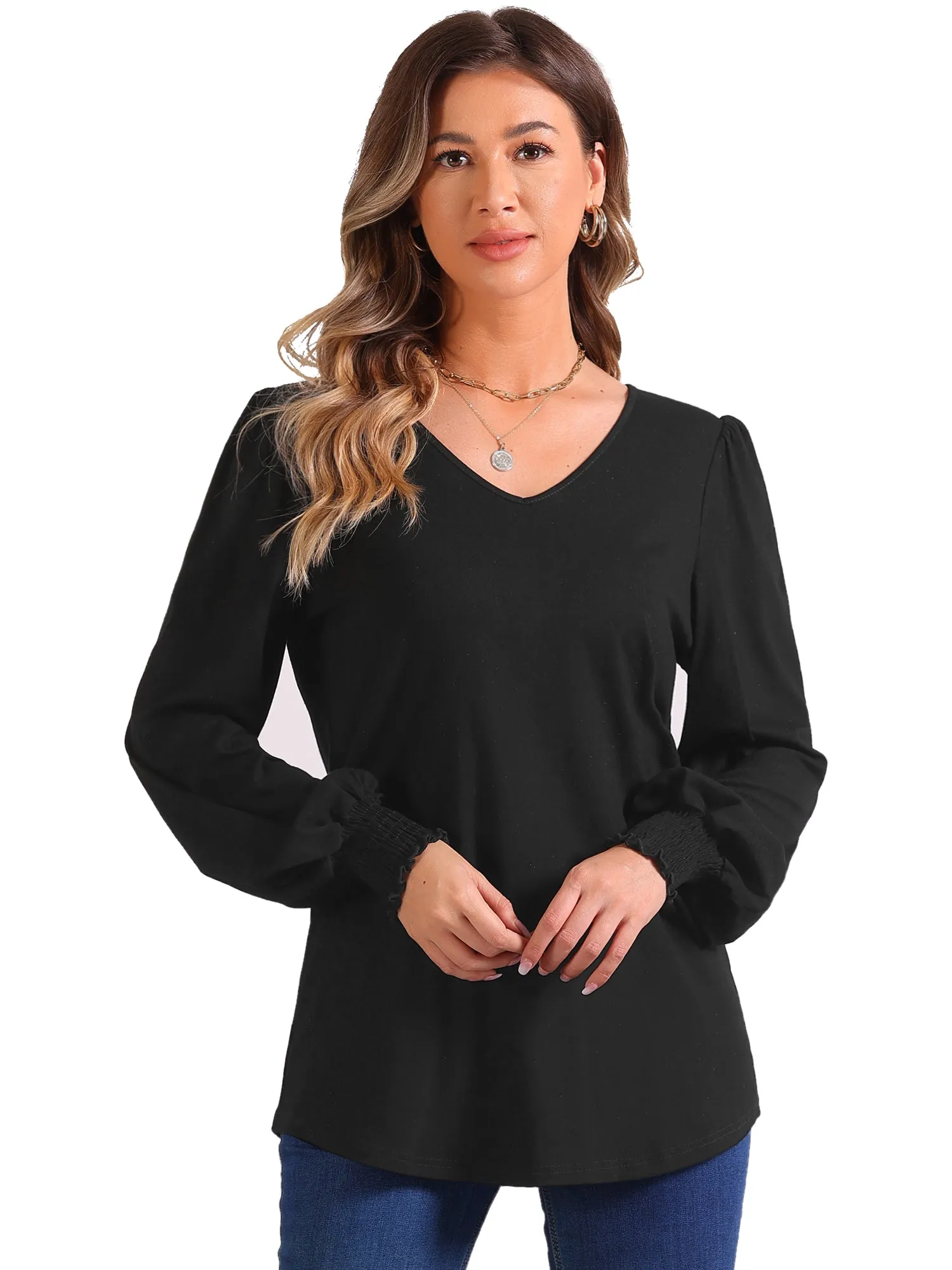 V Neck Puff Long Sleeve Smocked Cuff Casual Blouse sold by Allegra K product image thumbnail 5