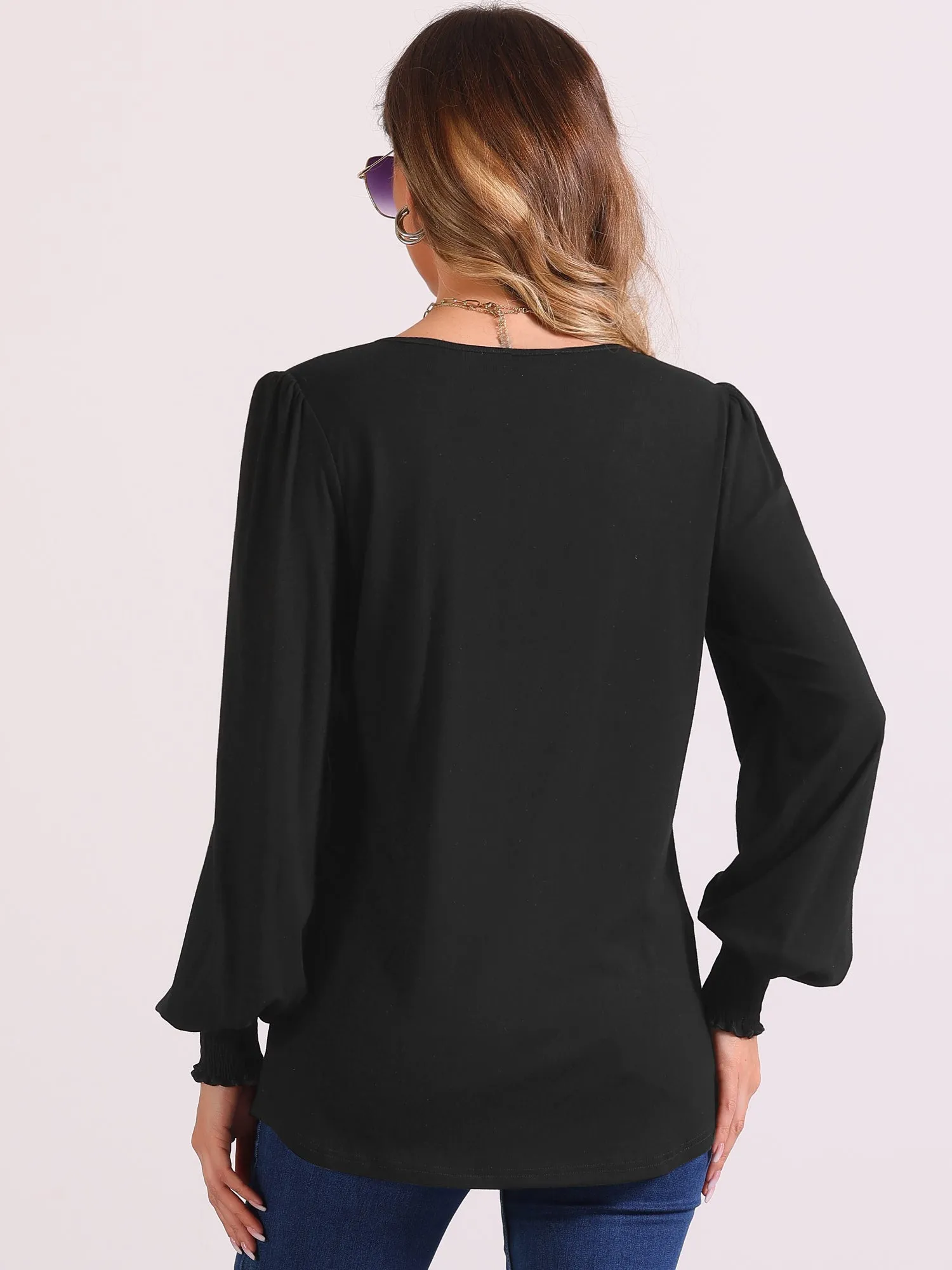 V Neck Puff Long Sleeve Smocked Cuff Casual Blouse sold by Allegra K product image thumbnail 3