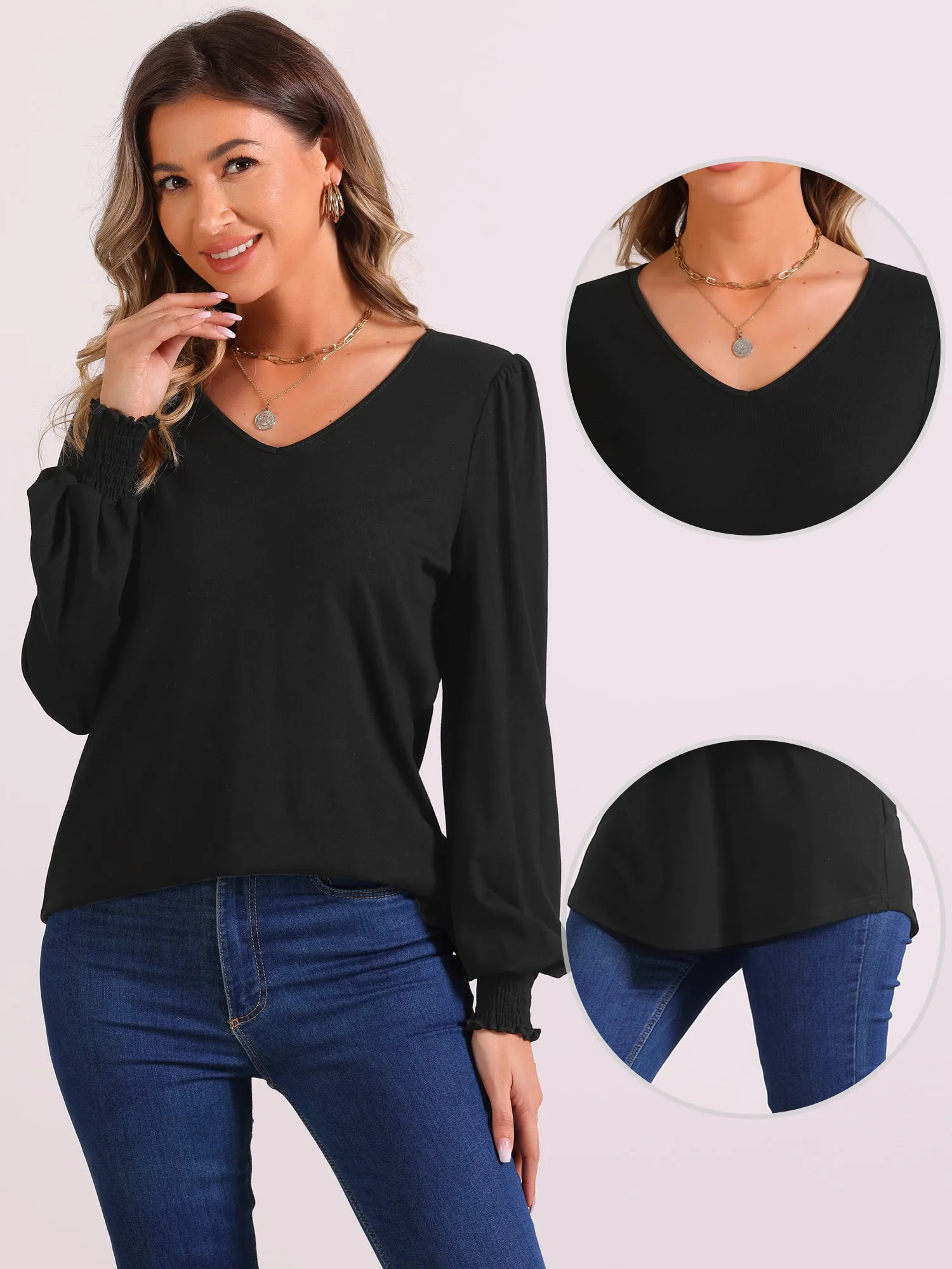 V Neck Puff Long Sleeve Smocked Cuff Casual Blouse sold by Allegra K product image thumbnail 2