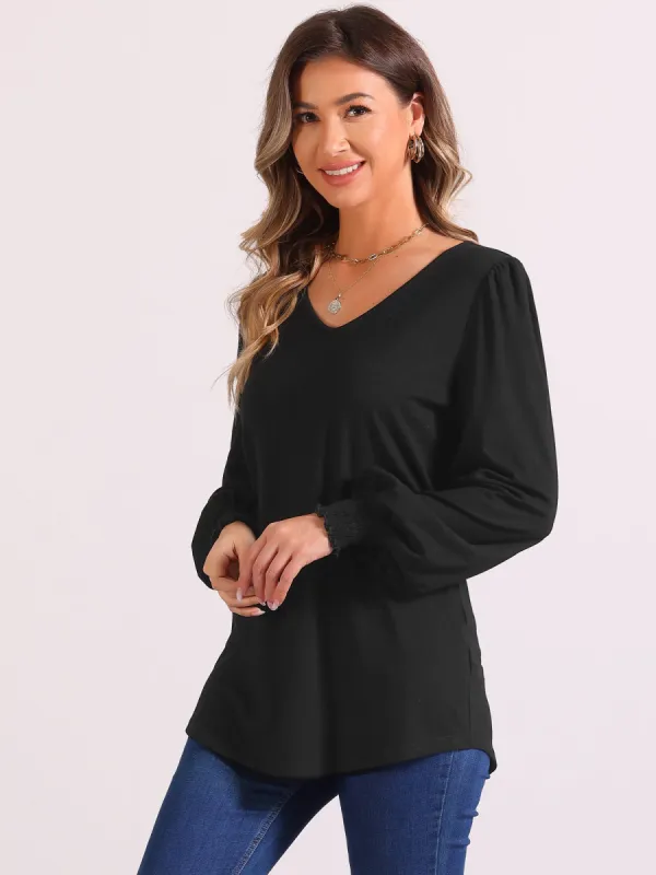 V Neck Puff Long Sleeve Smocked Cuff Casual Blouse sold by Allegra K