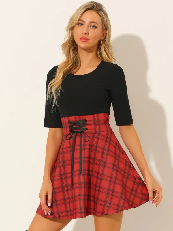 Valentine Plaid Stitching Round Neck Half Sleeve A-Line Mini Dress sold by Allegra K