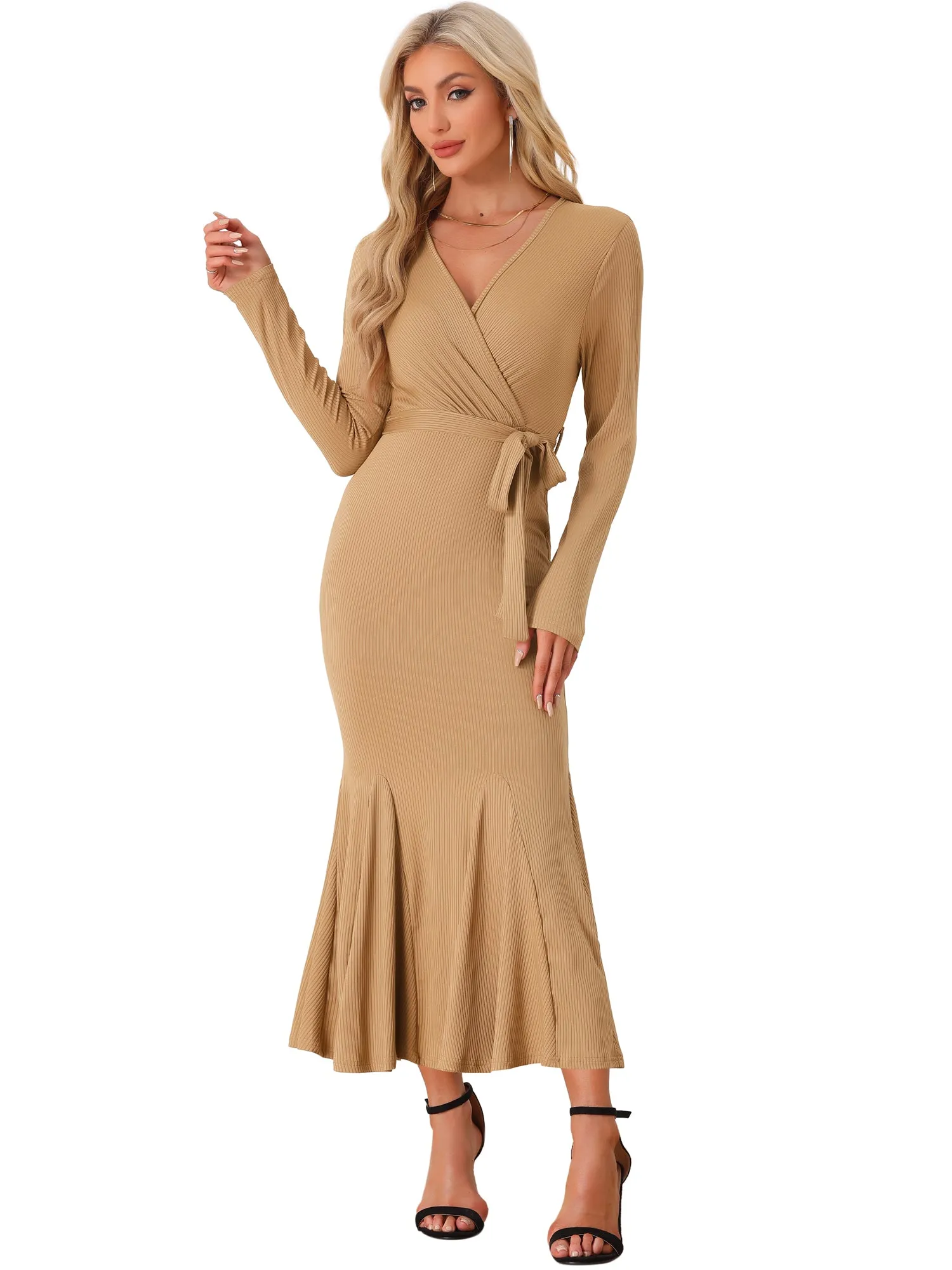 Solid Belted Long Sleeves Bodycon Fishtail Mermaid Maxi Dress sold by Allegra K product image thumbnail 5