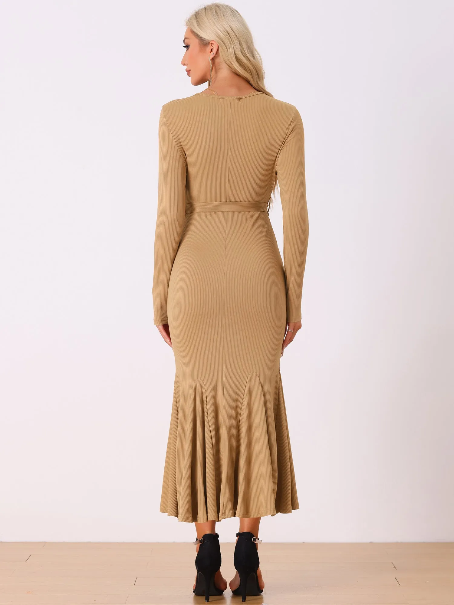 Solid Belted Long Sleeves Bodycon Fishtail Mermaid Maxi Dress sold by Allegra K product image thumbnail 3