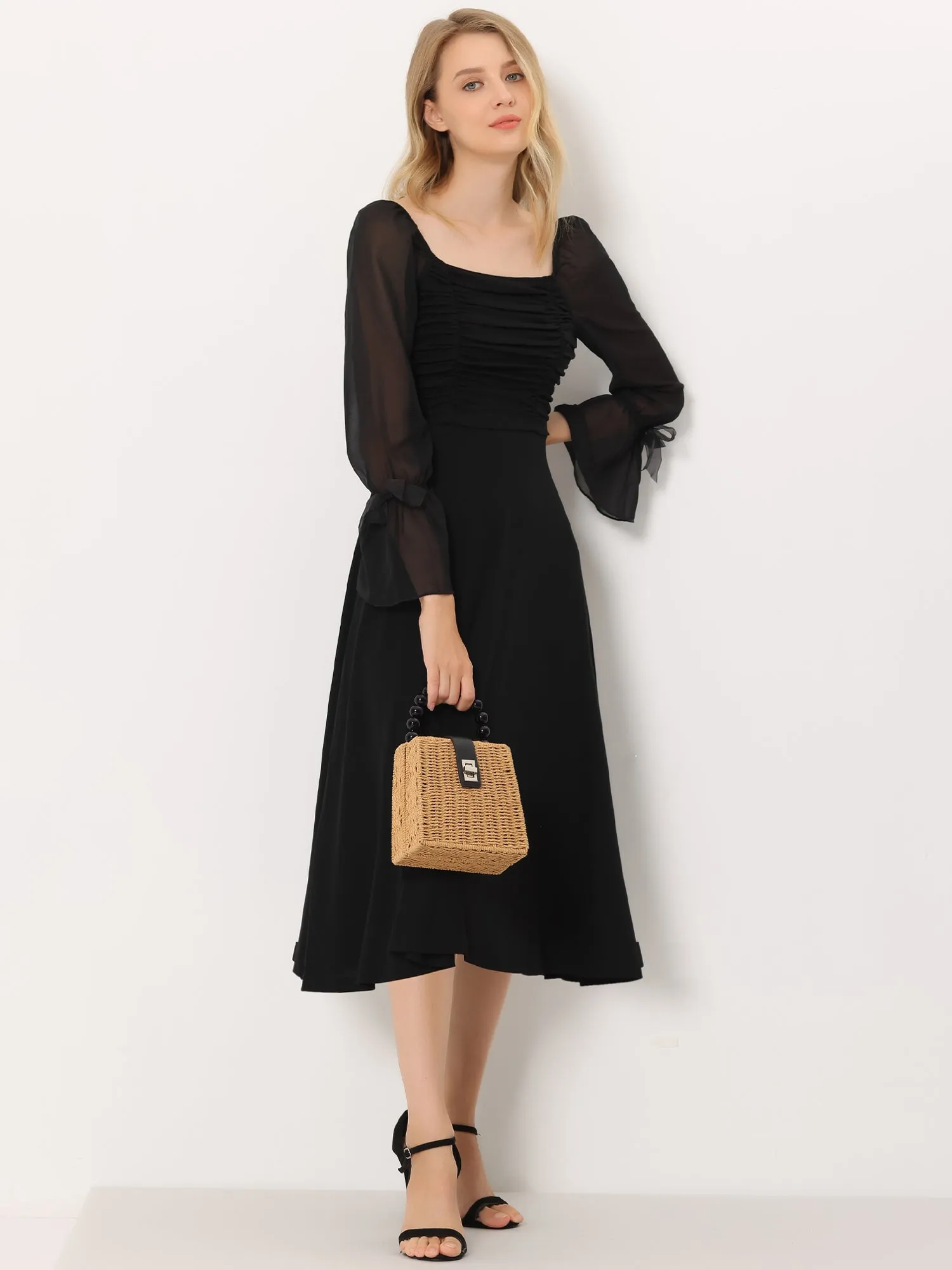 Long Square Neck Ruched Front Sheer Sleeve Knit Midi Dress sold by Allegra K product image thumbnail 4