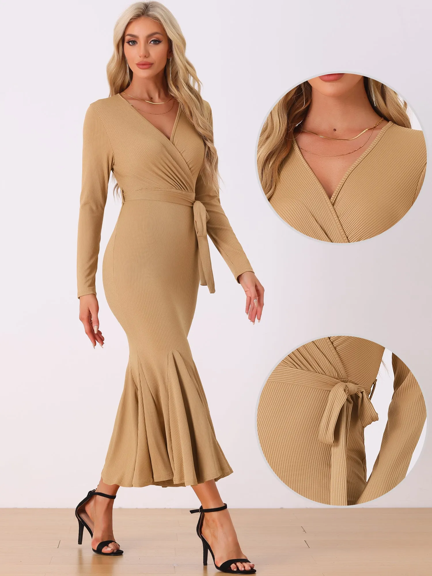 Solid Belted Long Sleeves Bodycon Fishtail Mermaid Maxi Dress sold by Allegra K product image thumbnail 2