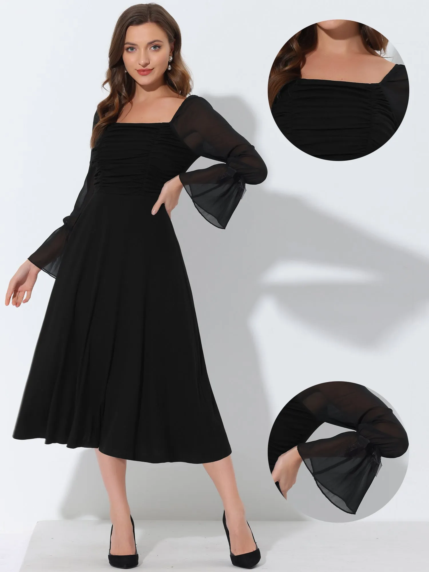 Long Square Neck Ruched Front Sheer Sleeve Knit Midi Dress sold by Allegra K