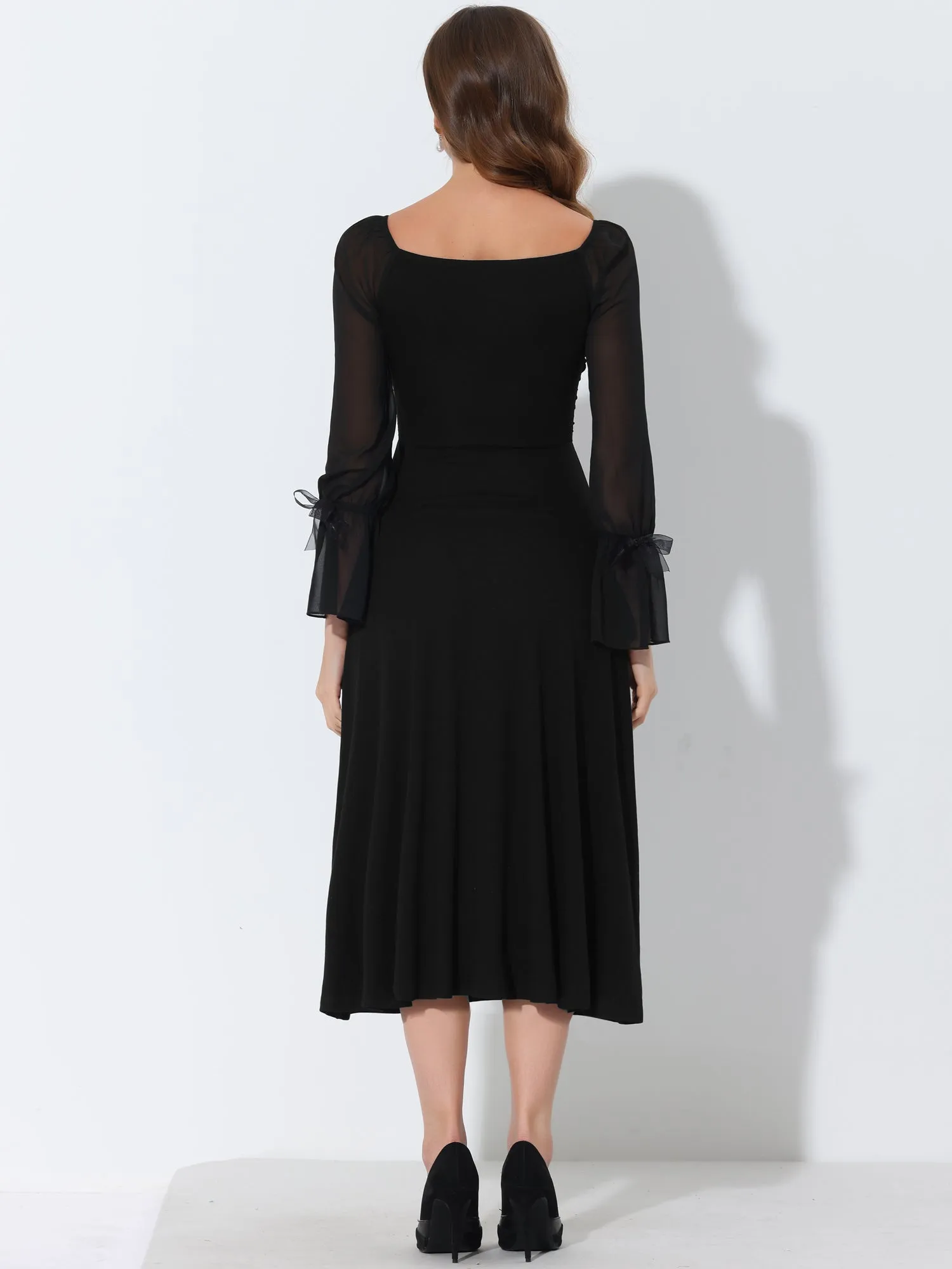 Long Square Neck Ruched Front Sheer Sleeve Knit Midi Dress sold by Allegra K product image thumbnail 2