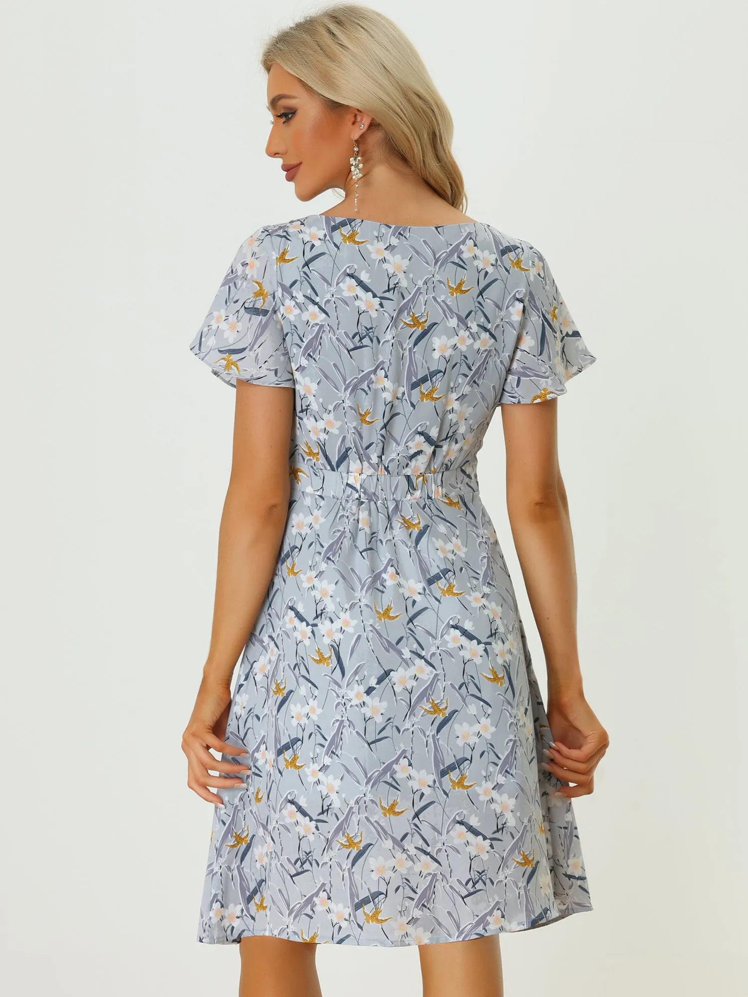 Floral Casual Pleated Neckline Below Knee Flutter Sleeve Dress sold by Allegra K product image thumbnail 3