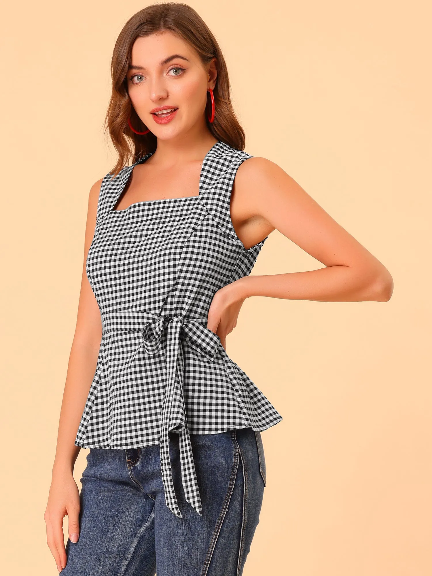 Sleeveless Square Neck Self Tie Front Textured Peplum Tops sold by Allegra K product image thumbnail 4