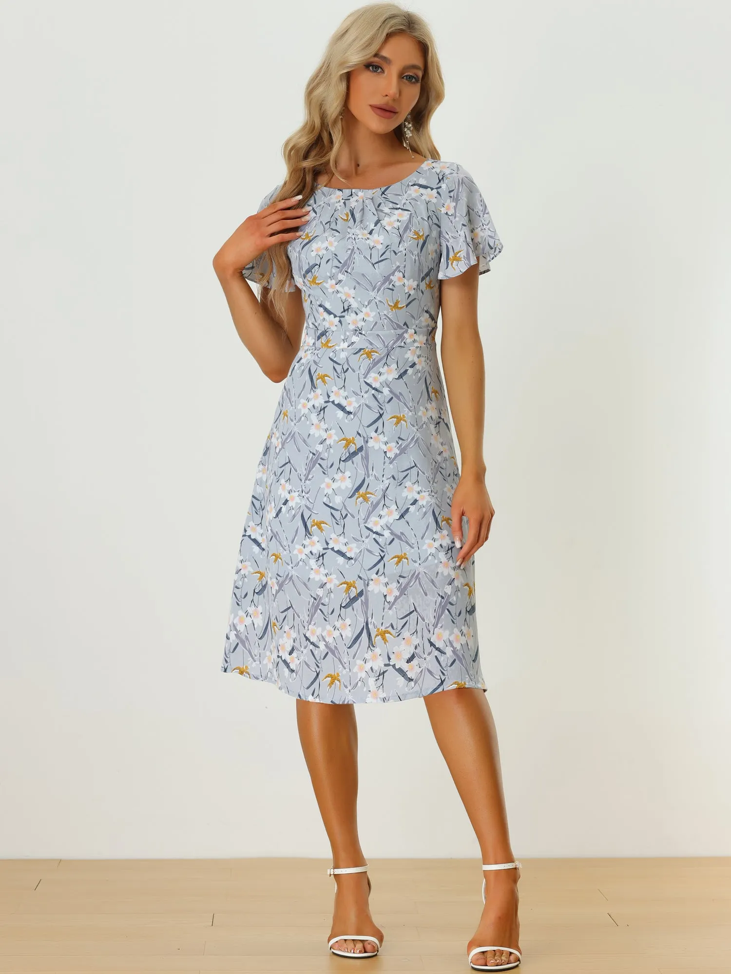 Floral Casual Pleated Neckline Below Knee Flutter Sleeve Dress sold by Allegra K