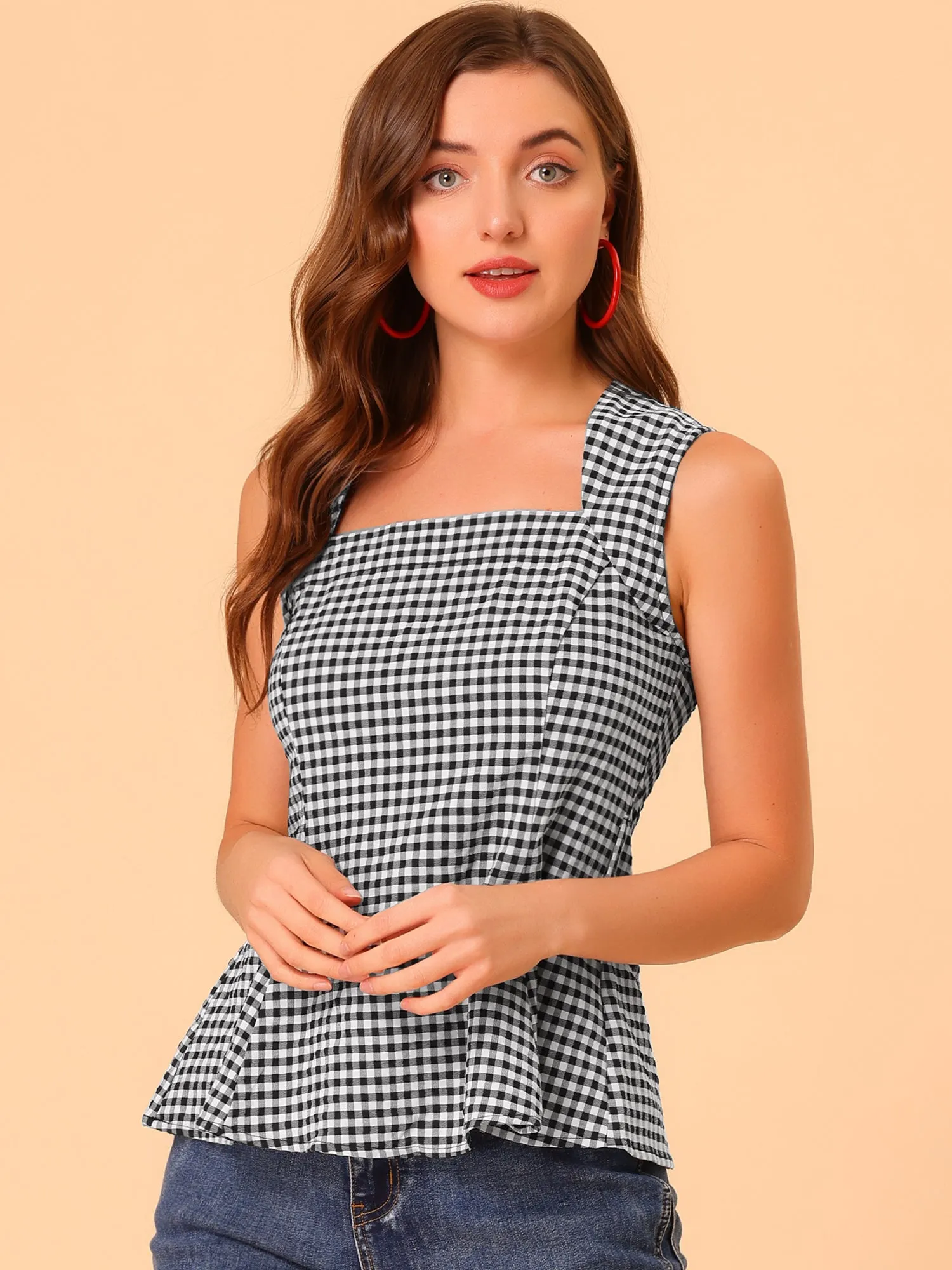 Sleeveless Square Neck Self Tie Front Textured Peplum Tops sold by Allegra K product image thumbnail 2