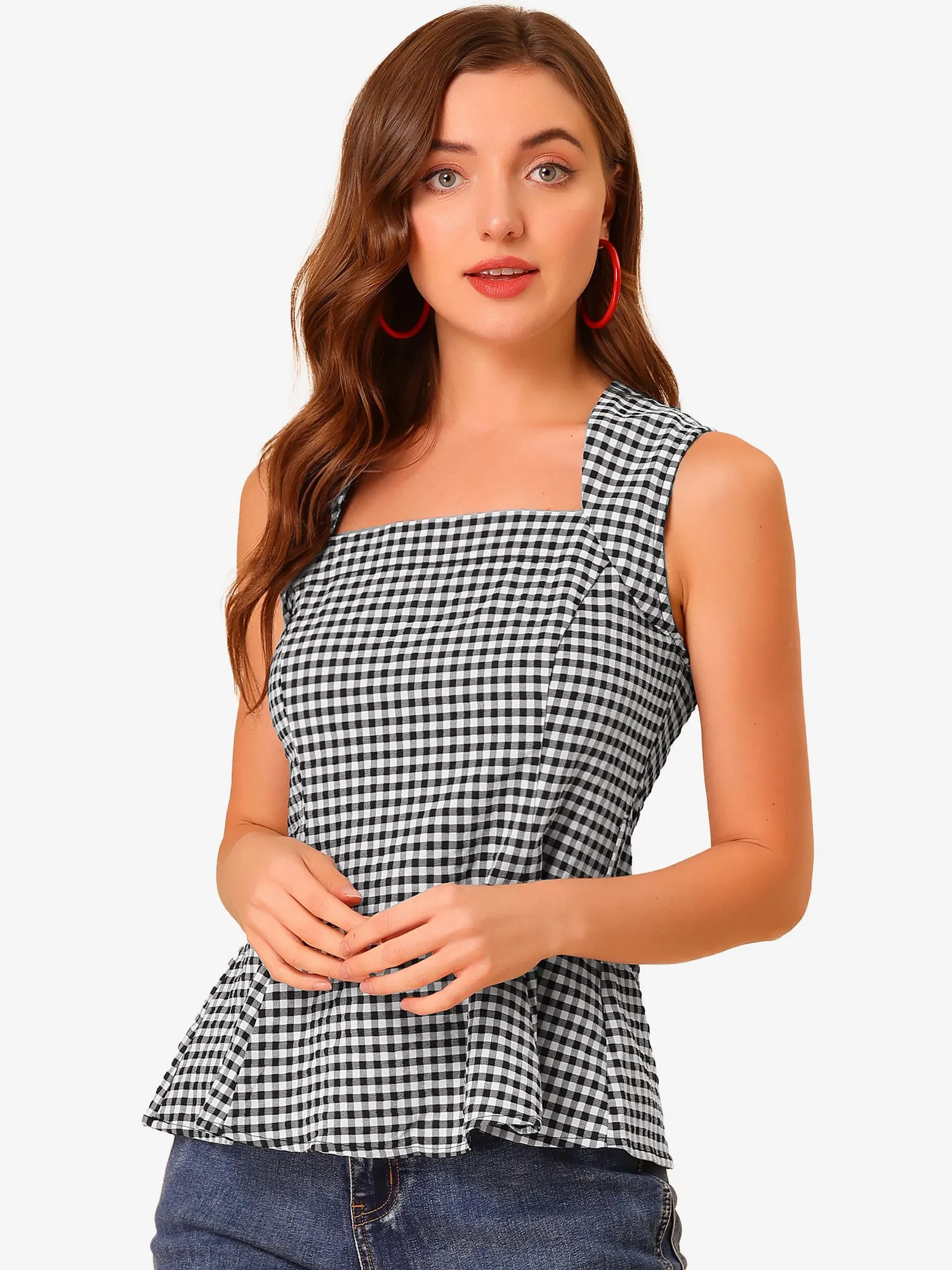 Sleeveless Square Neck Self Tie Front Textured Peplum Tops sold by Allegra K