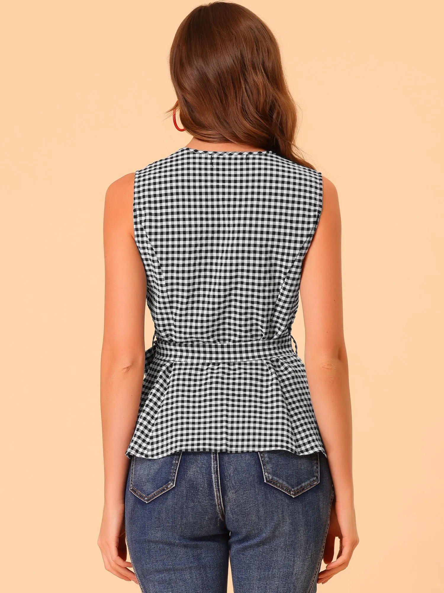 Sleeveless Square Neck Self Tie Front Textured Peplum Tops sold by Allegra K product image thumbnail 5