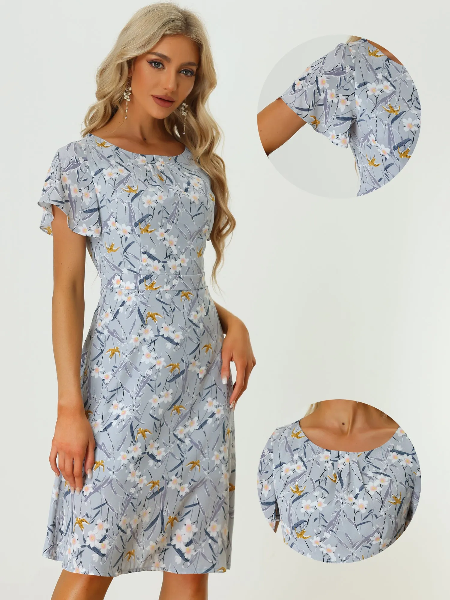 Floral Casual Pleated Neckline Below Knee Flutter Sleeve Dress sold by Allegra K product image thumbnail 2