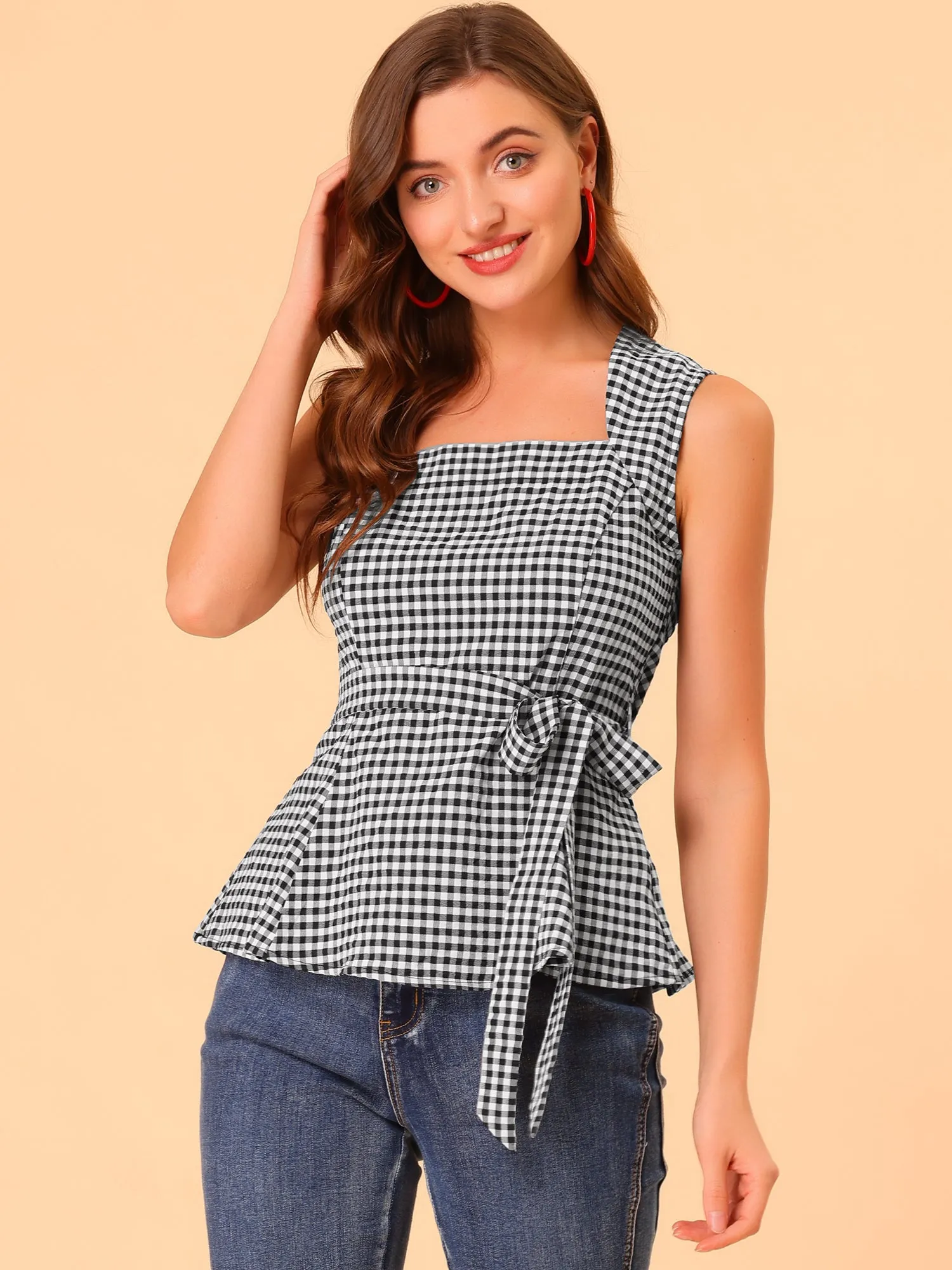 Sleeveless Square Neck Self Tie Front Textured Peplum Tops sold by Allegra K product image thumbnail 3