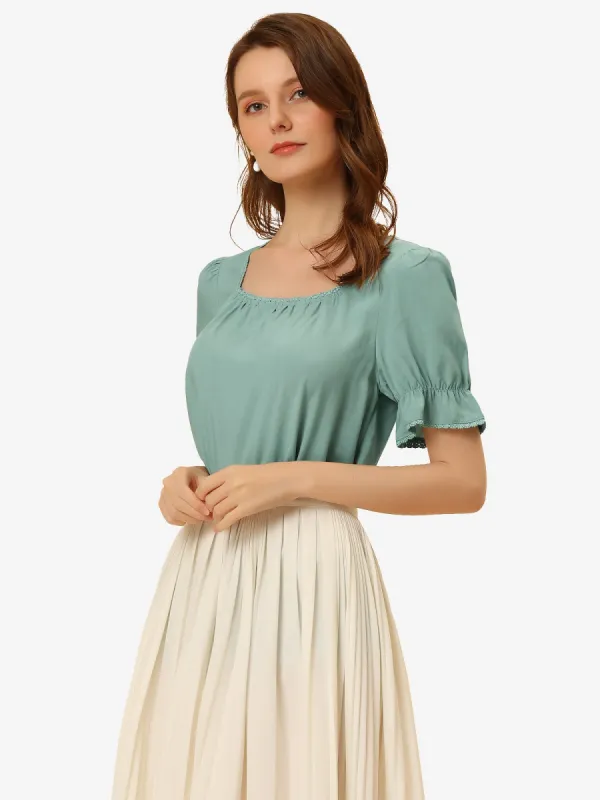 Casual Square Neck Ruffled Short Sleeve Summer Peasant Blouse sold by Allegra K