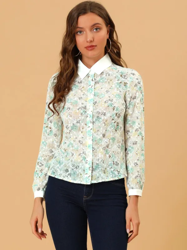 Contrast Collar Shirt Chiffon Vintage Lace Embroidered Floral Blouse sold by Allegra K
