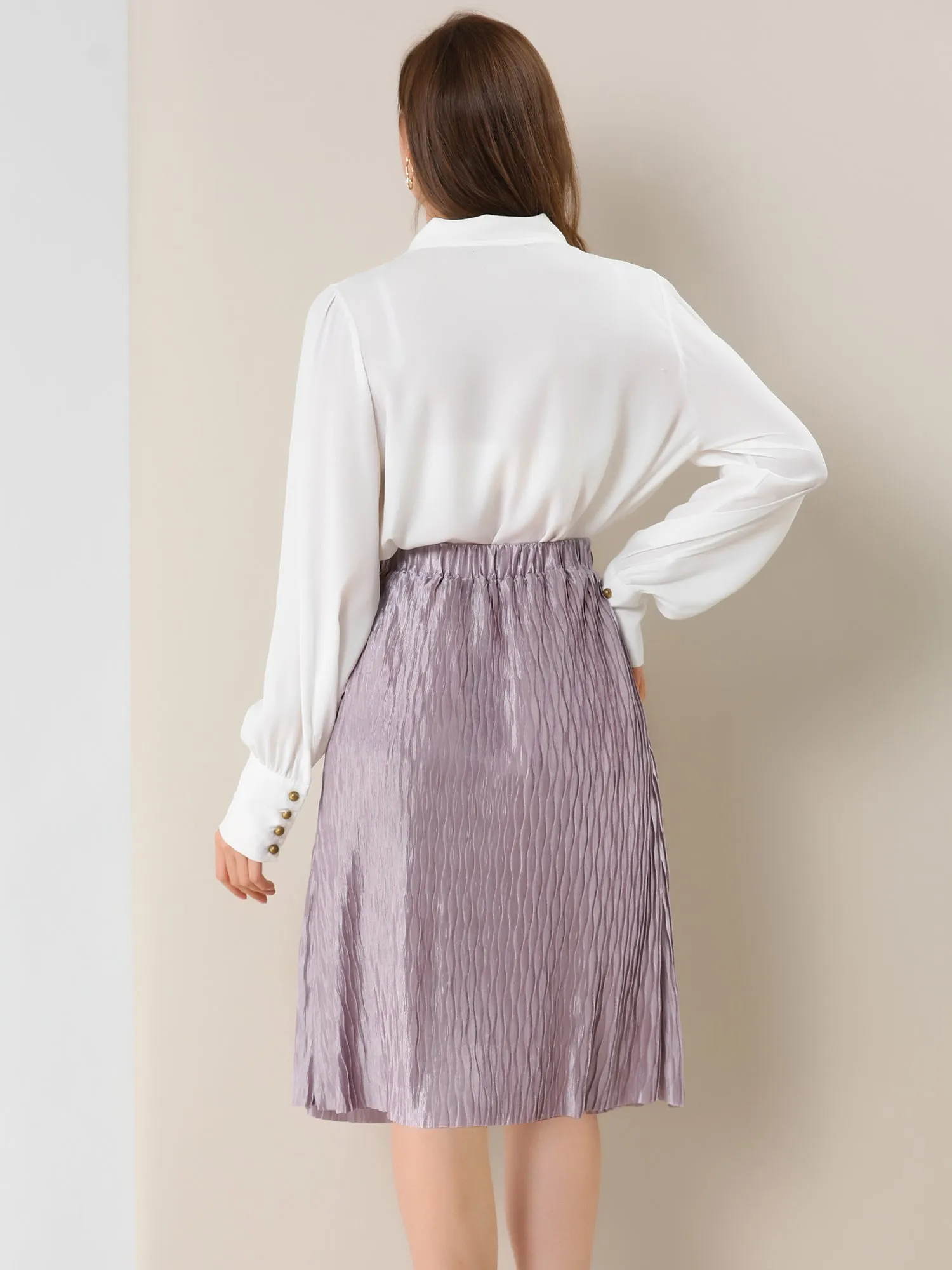 Elastic Waist Flare Lavender Accordion Pleated Metallic Midi Skirt sold by Allegra K product image thumbnail 5