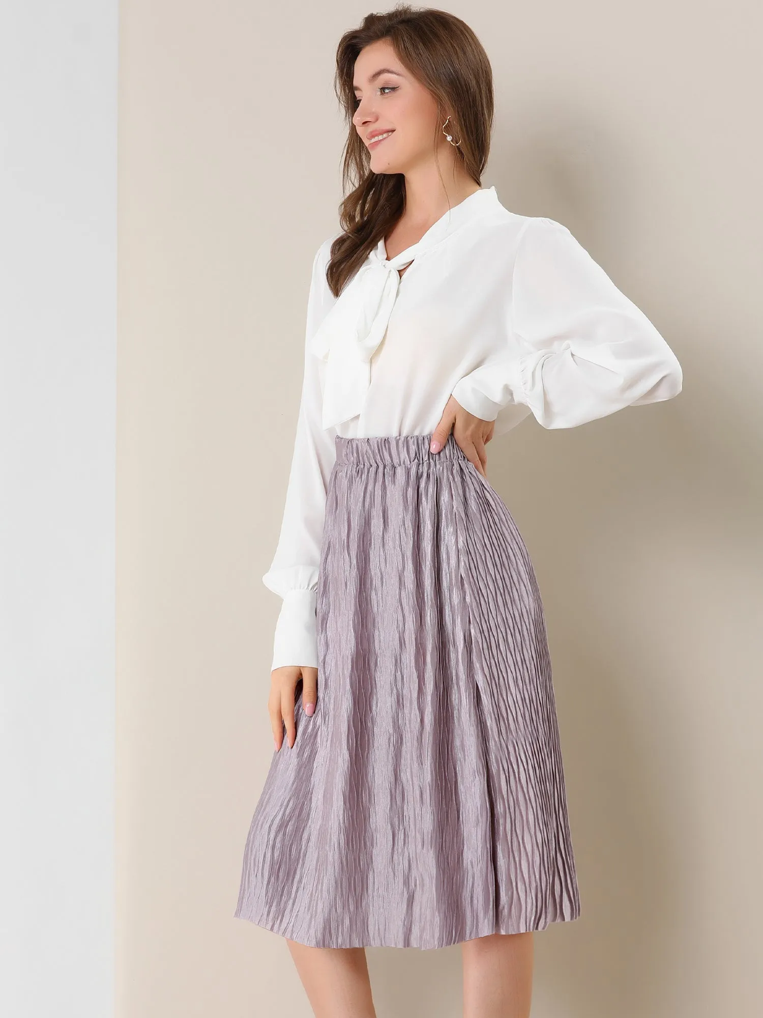 Elastic Waist Flare Lavender Accordion Pleated Metallic Midi Skirt sold by Allegra K product image thumbnail 4