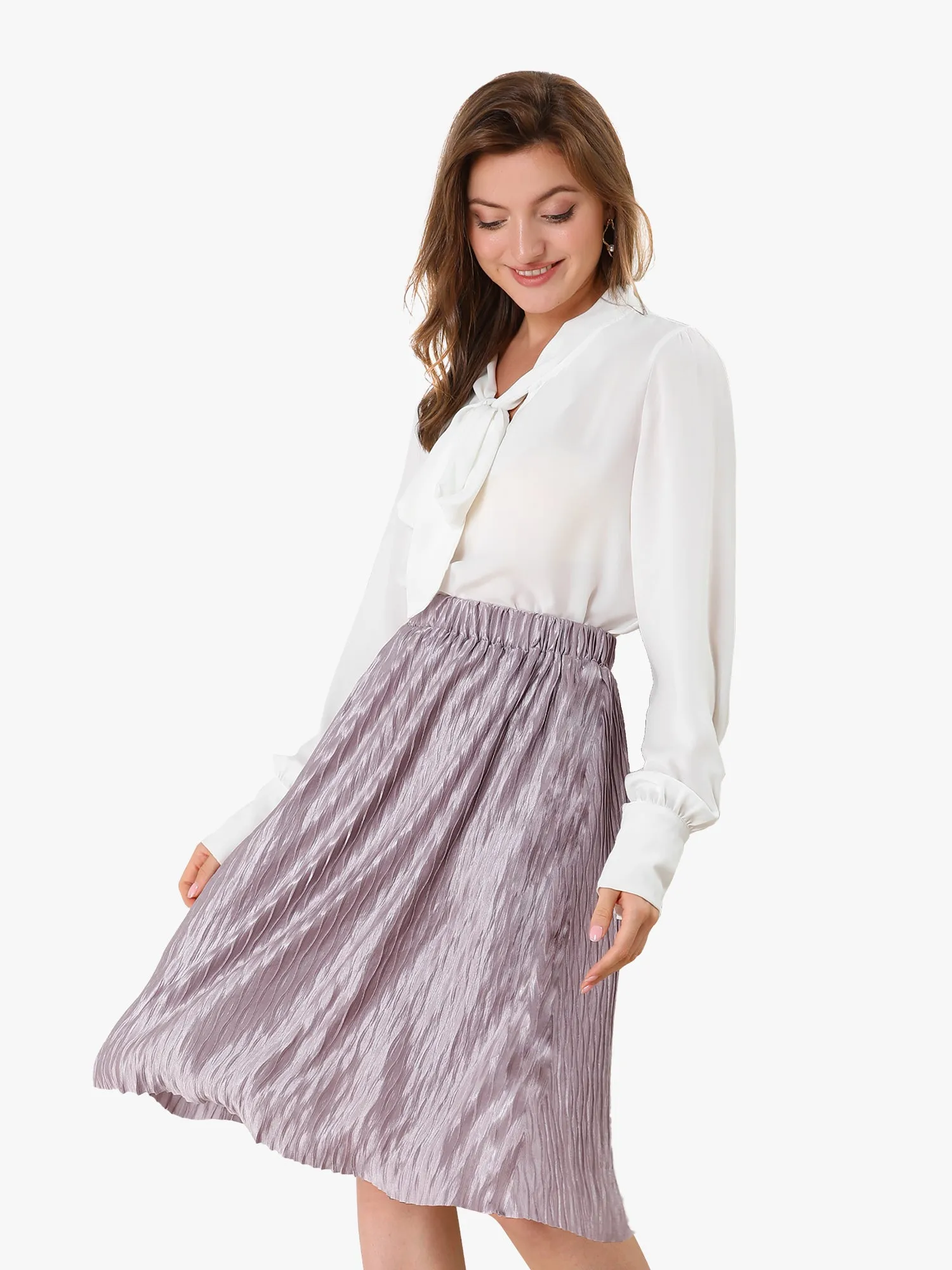 Elastic Waist Flare Lavender Accordion Pleated Metallic Midi Skirt sold by Allegra K