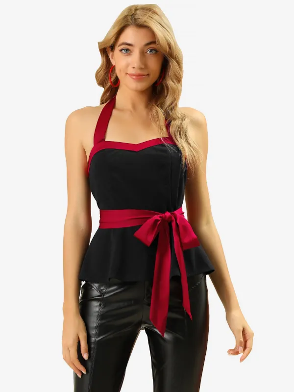 Summer Sleeveless Blouse Tie Waist Contrast Night Out Halter Tops sold by Allegra K