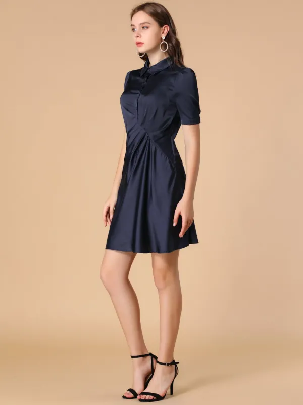 Half Placket Office Ruched Short Sleeve Satin Dress sold by Allegra K