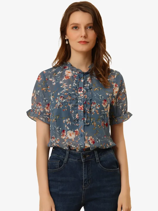 Floral Peasant Top Ruffle Puff Sleeve 50s Vintage Chiffon Blouse sold by Allegra K