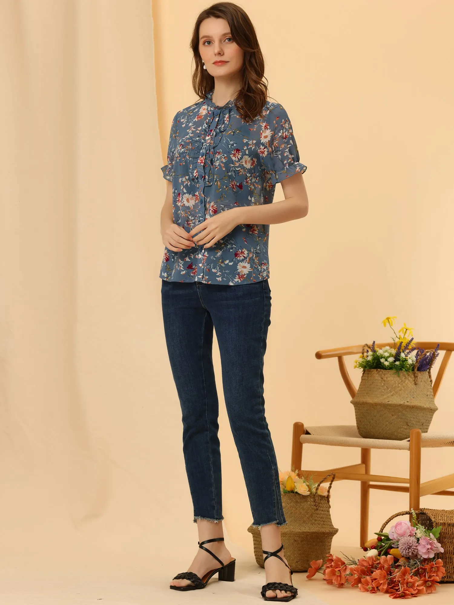 Floral Peasant Top Ruffle Puff Sleeve 50s Vintage Chiffon Blouse sold by Allegra K product image thumbnail 4