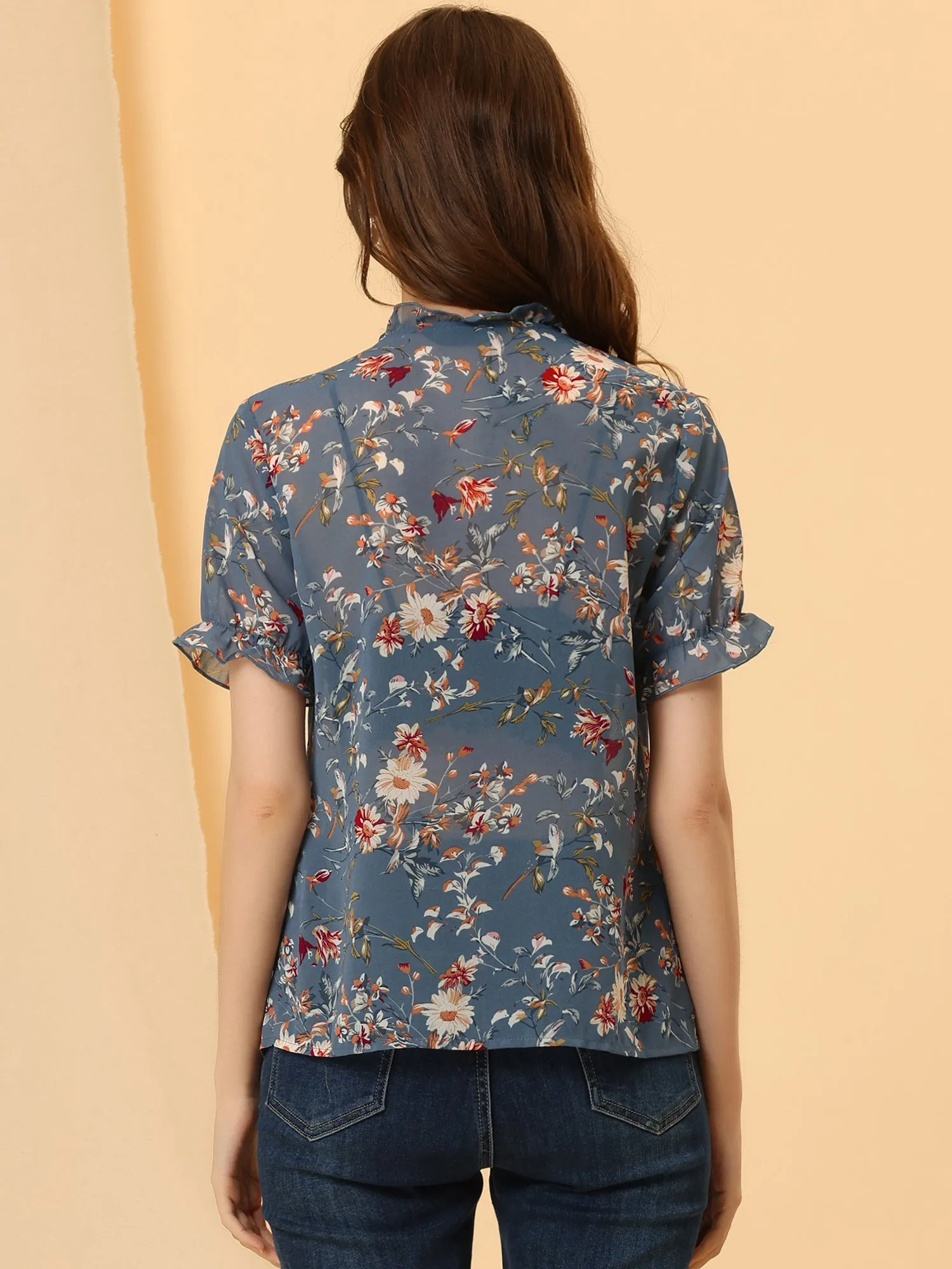 Floral Peasant Top Ruffle Puff Sleeve 50s Vintage Chiffon Blouse sold by Allegra K product image thumbnail 3
