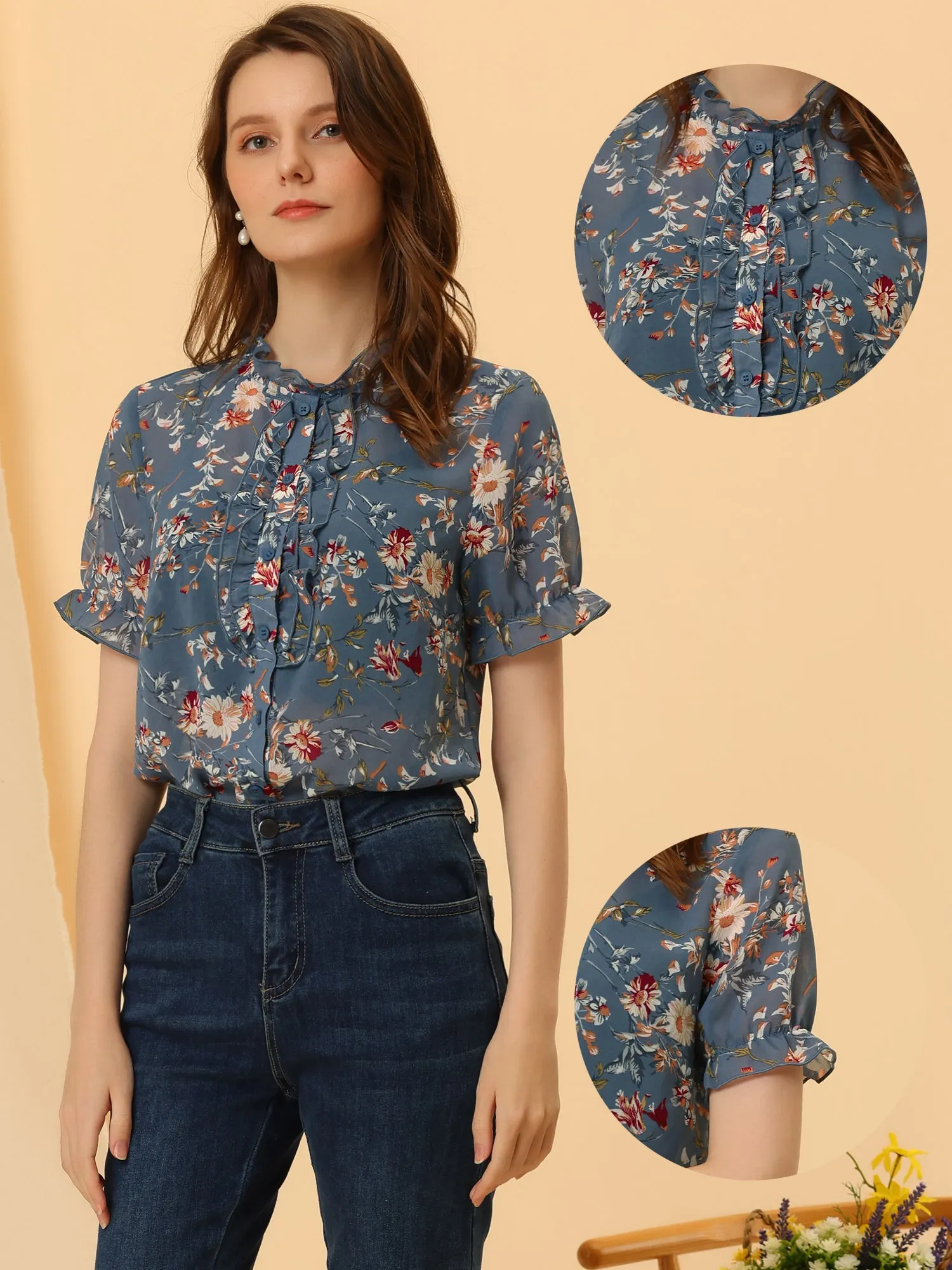 Floral Peasant Top Ruffle Puff Sleeve 50s Vintage Chiffon Blouse sold by Allegra K product image thumbnail 2